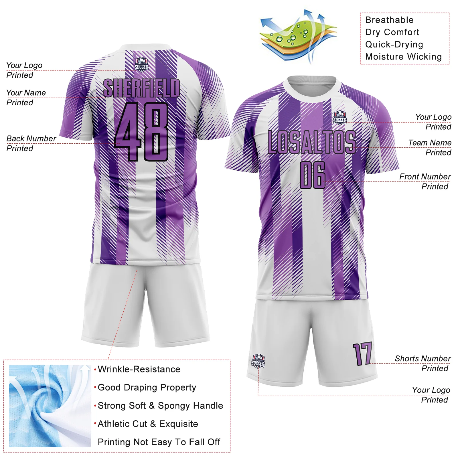 Custom White Medium Purple-Black Diagonal Stripe Sports Sublimation Soccer Uniform Jersey - Image 4
