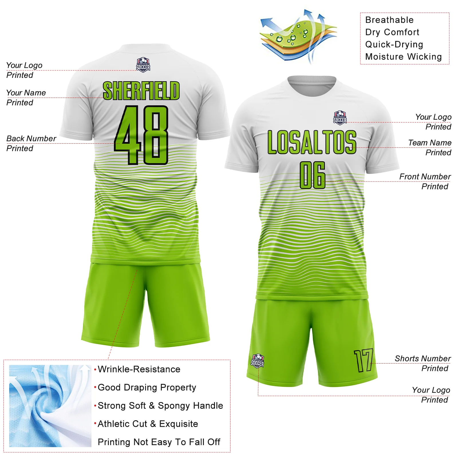 Custom White Neon Green-Black Gradient Line Sublimation Soccer Uniform Jersey - Image 4
