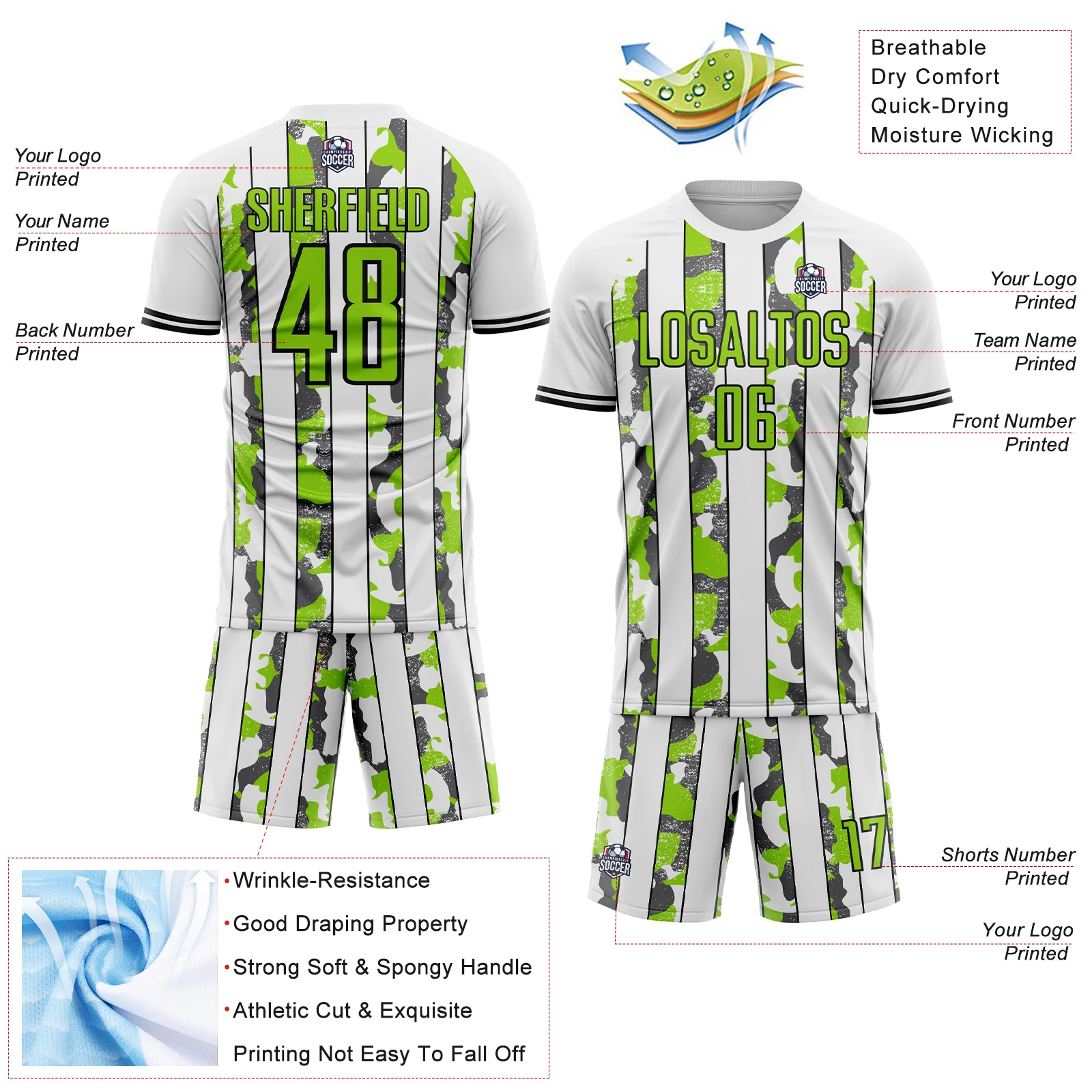 Custom White Neon Green Black-Steel Gray Camo Stripe Sports Sublimation Soccer Uniform Jersey - Image 4