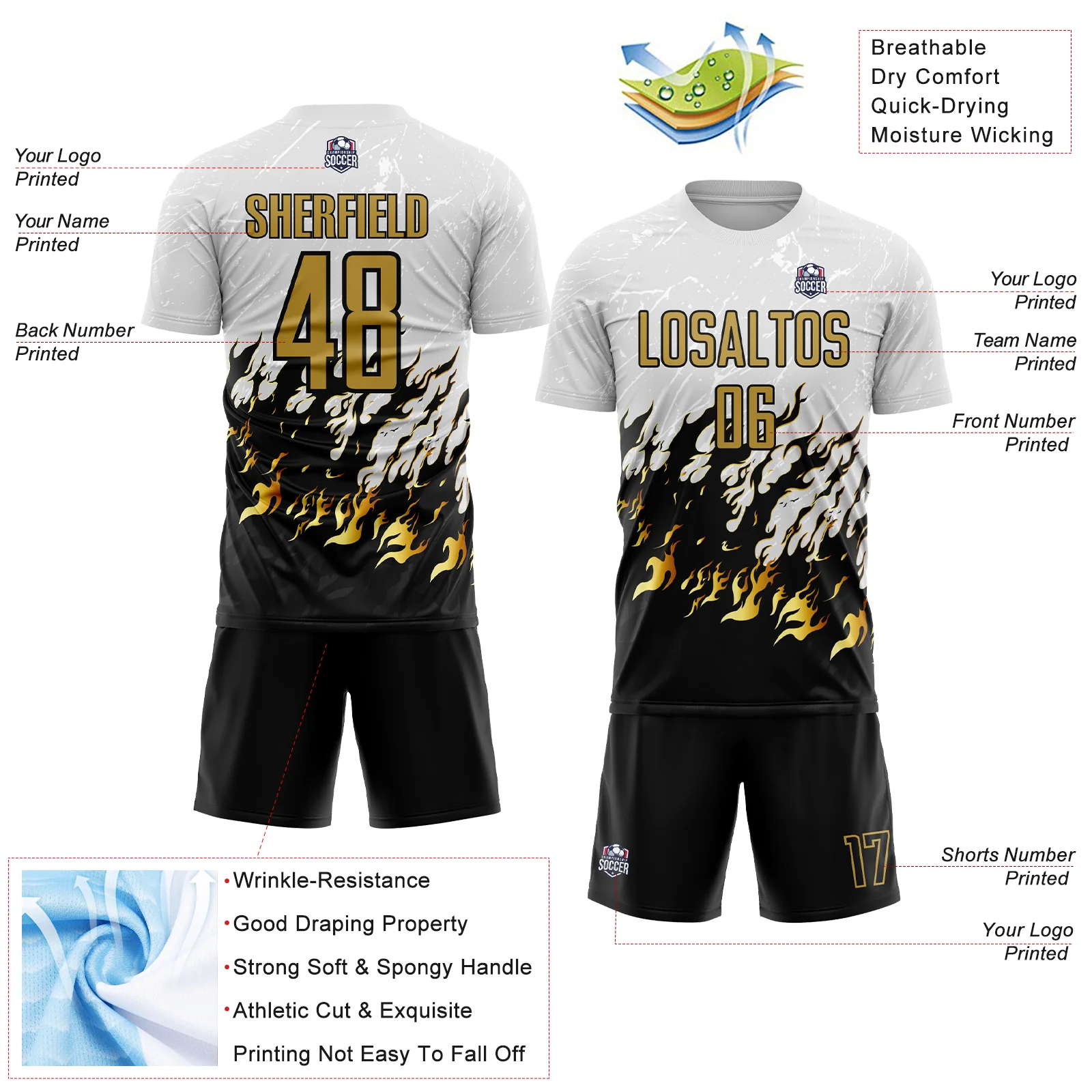 Custom White Old Gold-Black Flame Sublimation Soccer Uniform Jersey - Image 4