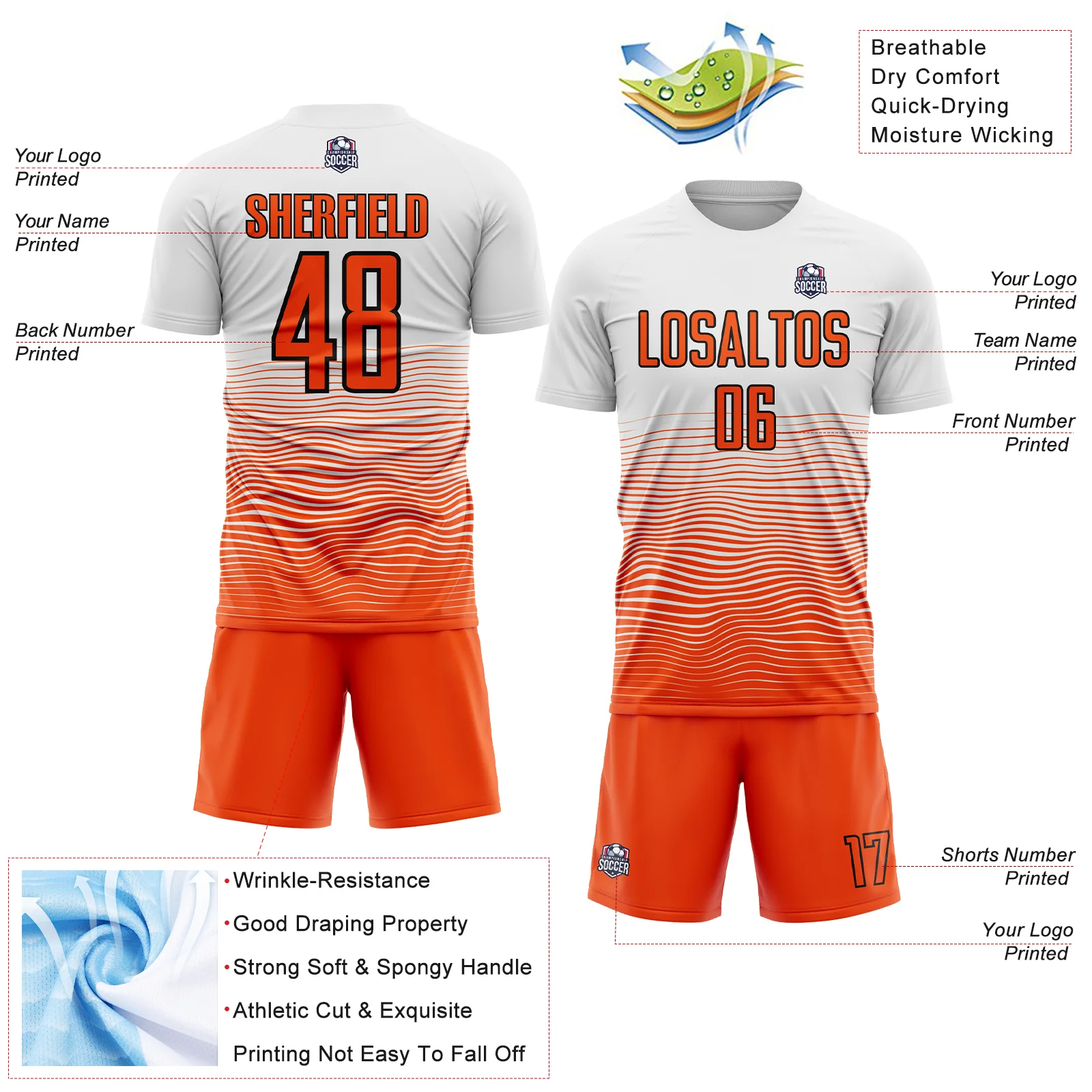 Custom White Orange-Black Gradient Line Sublimation Soccer Uniform Jersey - Image 4