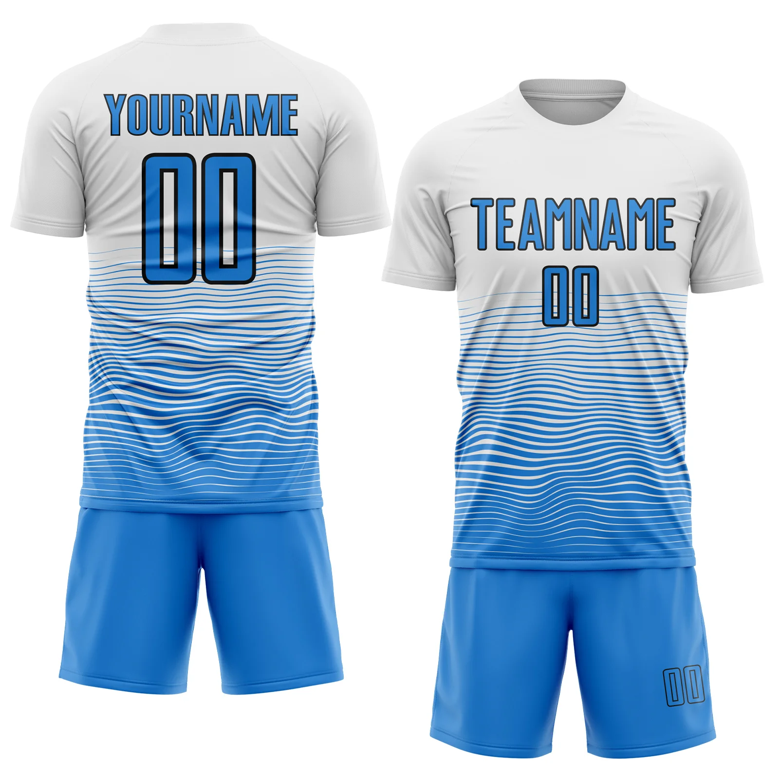Custom White Powder Blue-Black Gradient Wave Line Sports Sublimation Soccer Uniform Jersey - Image 2