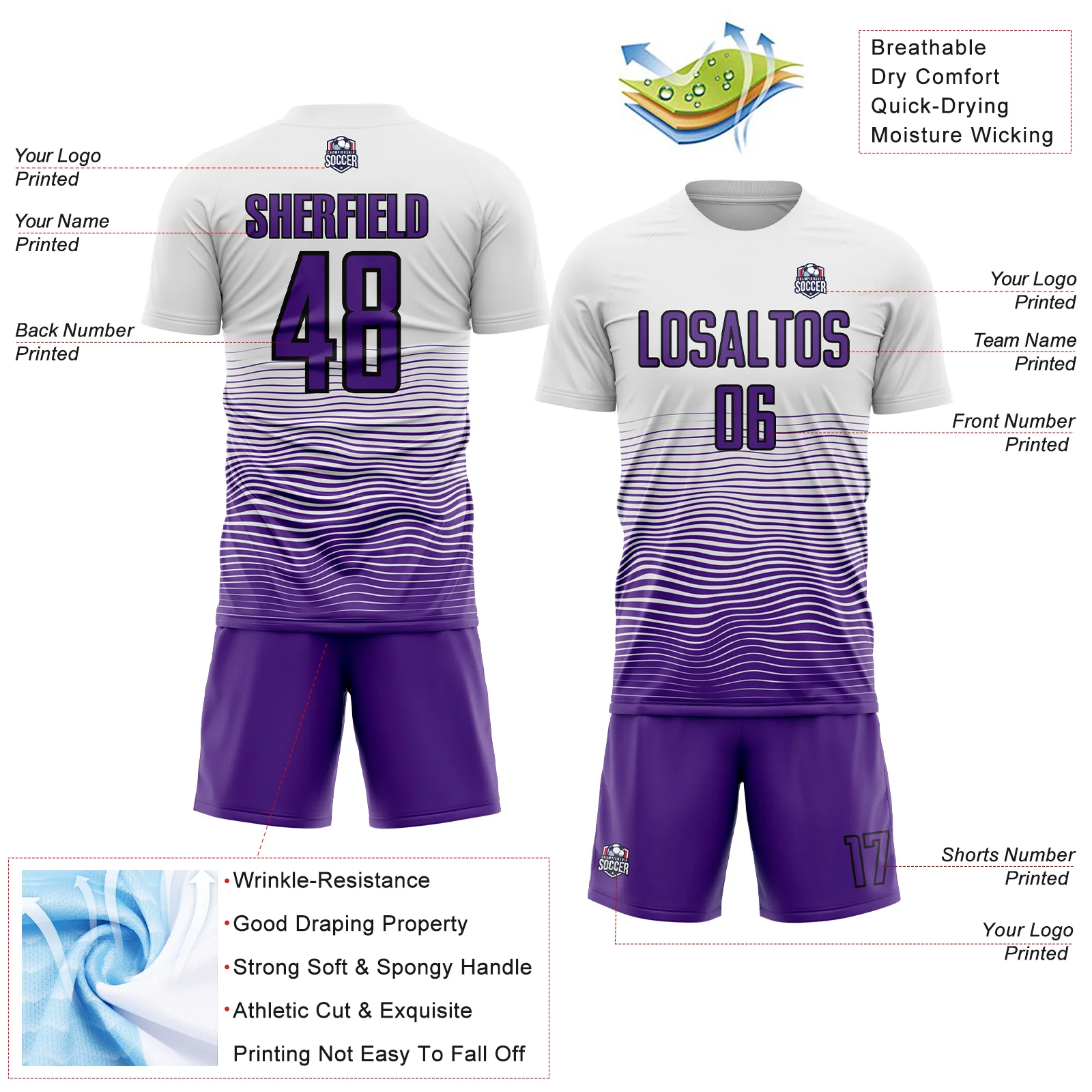 Custom White Purple-Black Gradient Line Sublimation Soccer Uniform Jersey - Image 4