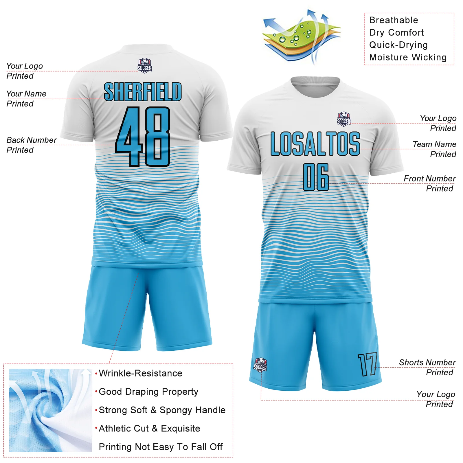Custom White Sky Blue-Black Gradient Line Sublimation Soccer Uniform Jersey - Image 4