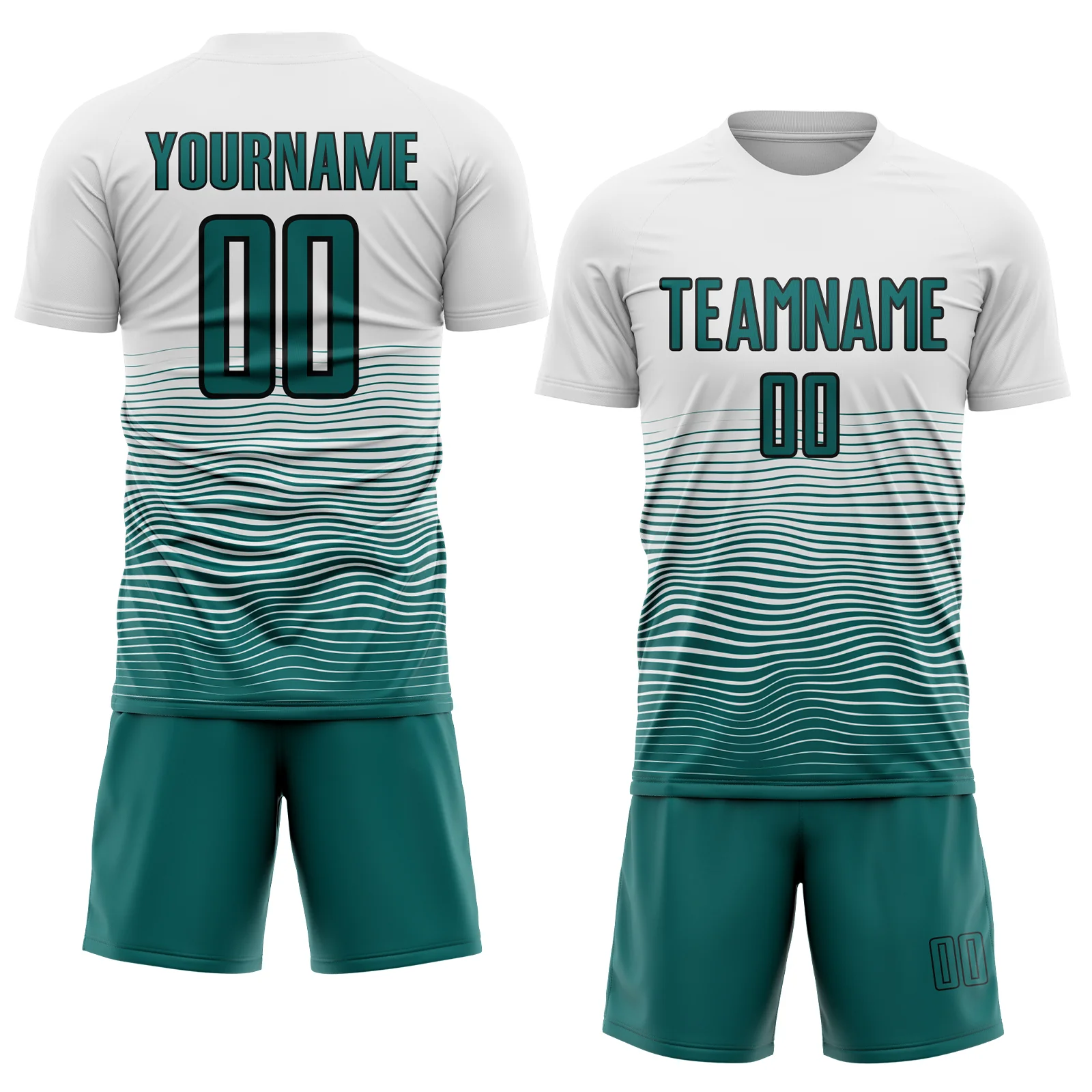 Custom White Teal-Black Gradient Line Sublimation Soccer Uniform Jersey - Image 2