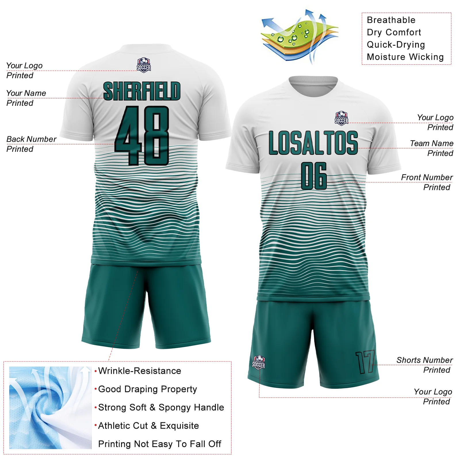 Custom White Teal-Black Gradient Line Sublimation Soccer Uniform Jersey - Image 4