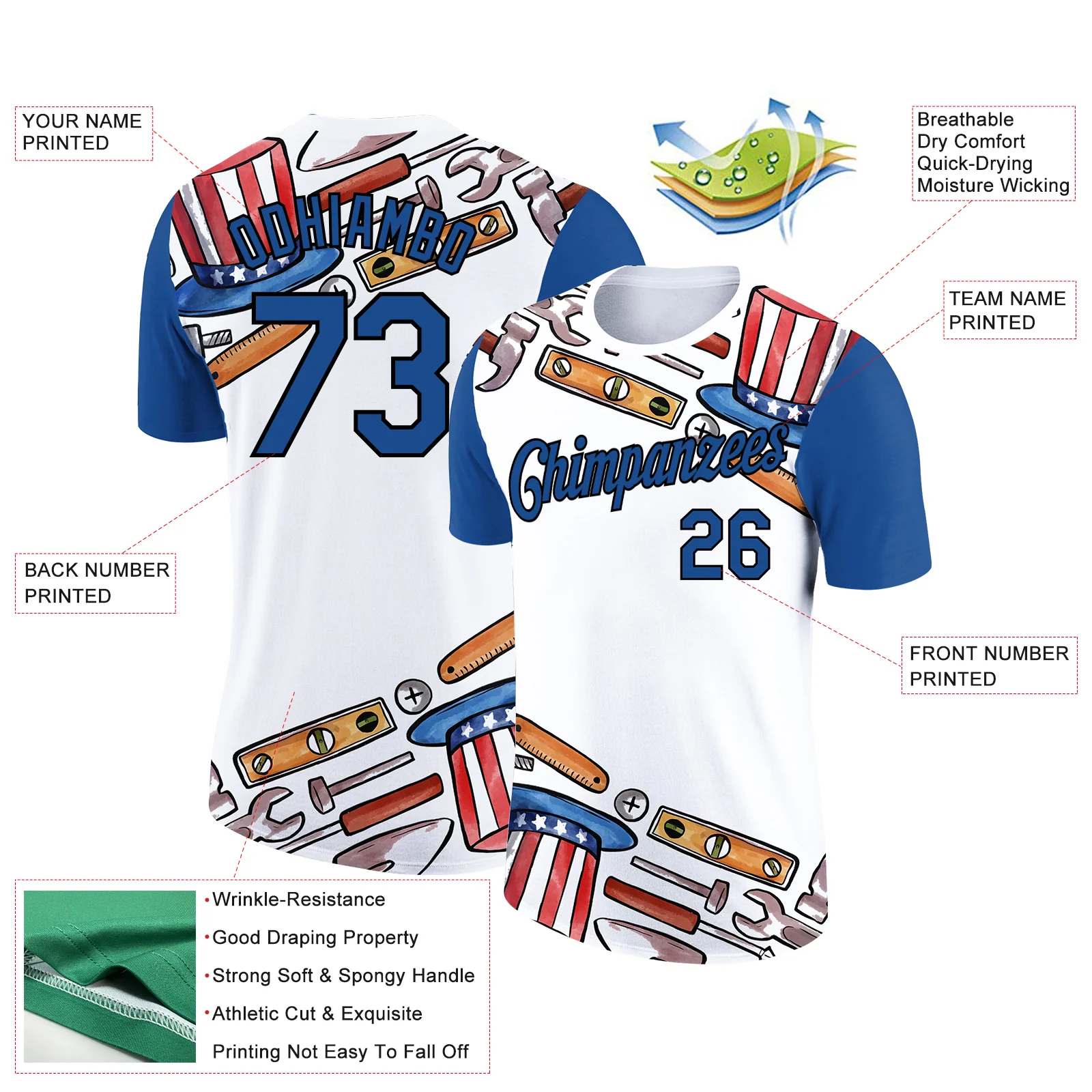 Custom White Blue-Black 3D Pattern Design American Flag Tool Labor Day Performance T-Shirt - Image 2