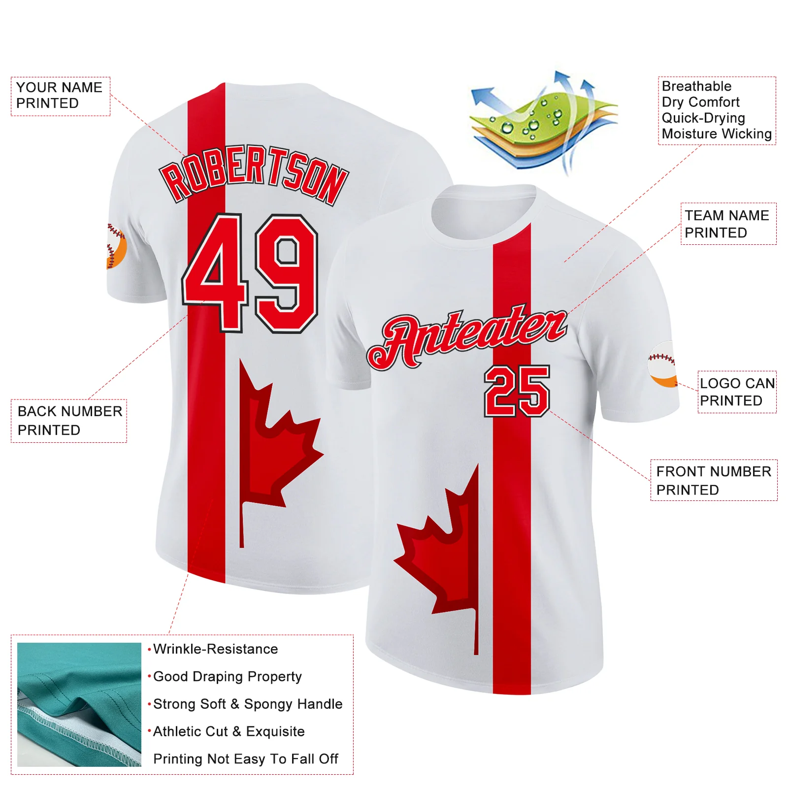 Custom White Fire Red-Black Canada Maple Leaf Soccer Jersey Performance T-Shirt - Image 2