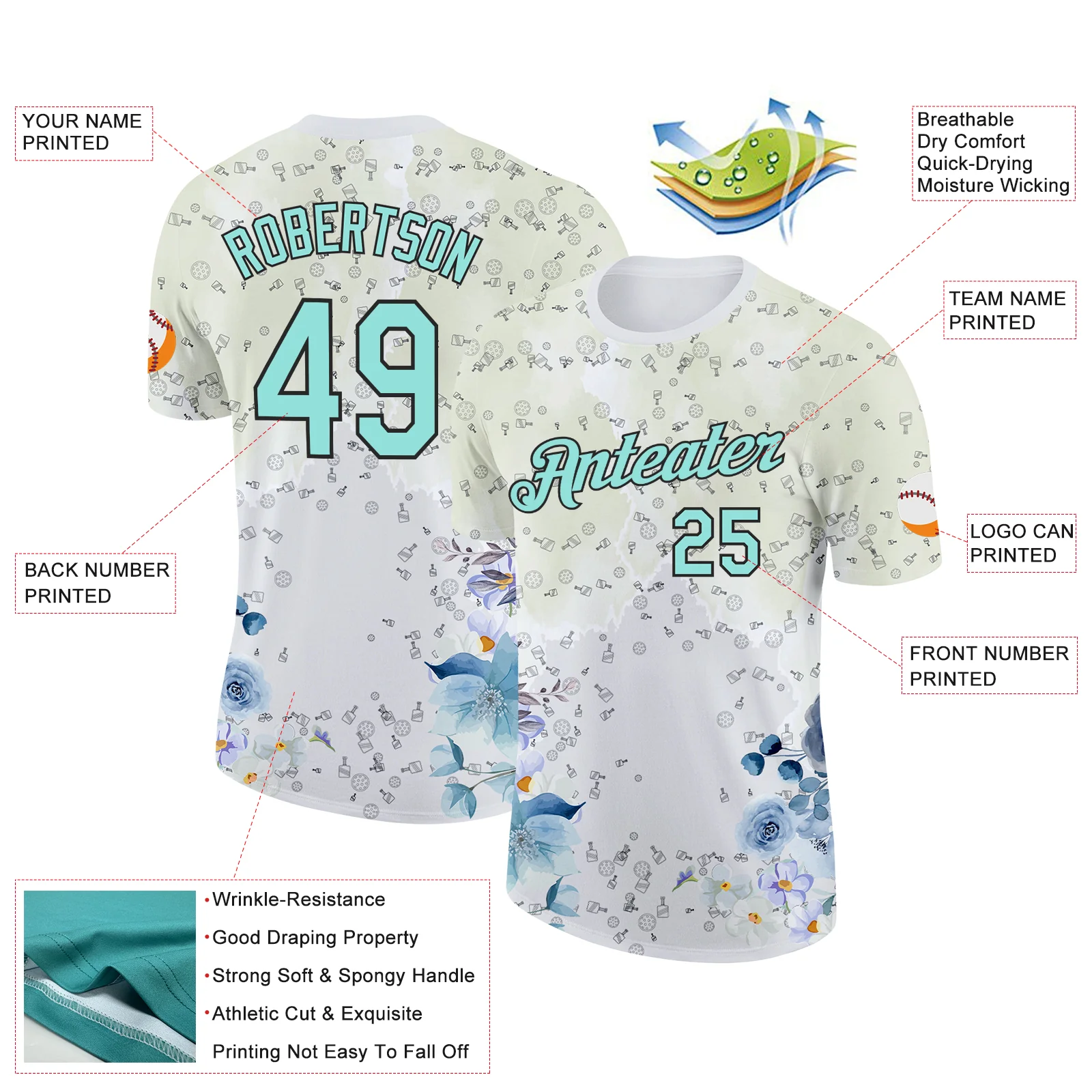 Custom White Ice Blue-Black 3D Pickleball Paddles Balls Floral Performance T-Shirt - Image 2