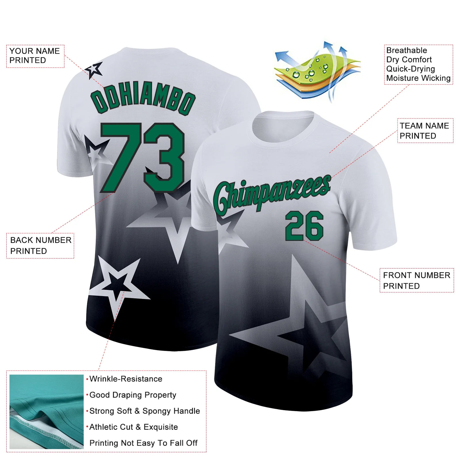Custom White Kelly Green-Black 3D Pattern Design Gradient Style Twinkle Star Performance T-Shirt - Image 2