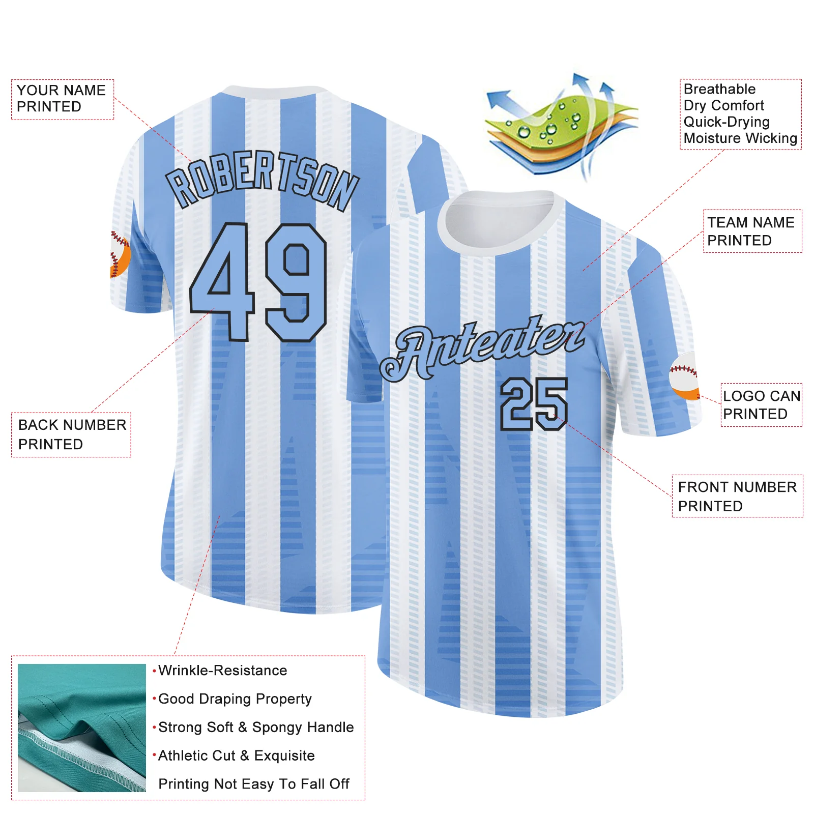 Custom White Light Blue-Black Uruguay Stripe Soccer Jersey Performance T-Shirt - Image 2