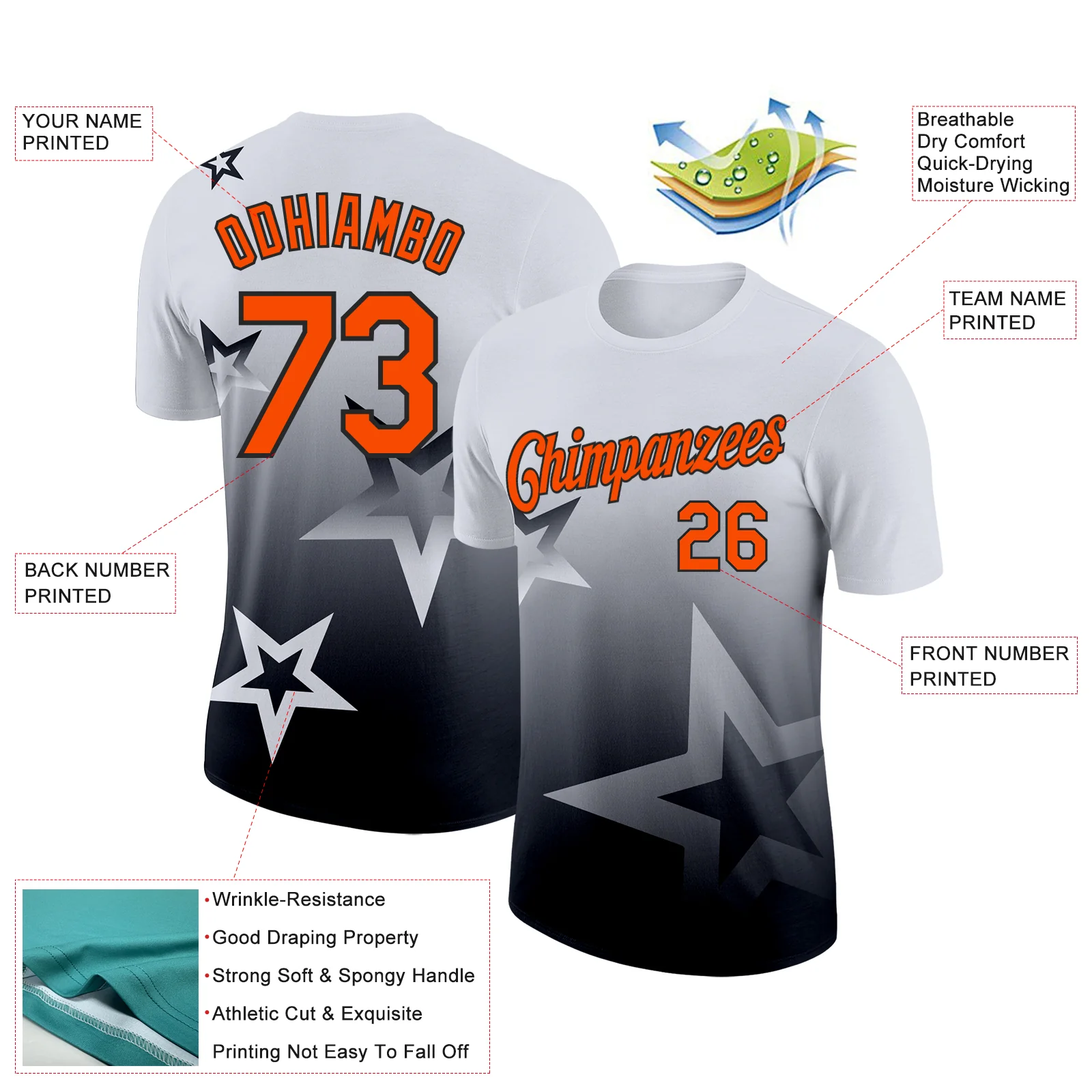 Custom White Orange-Black 3D Pattern Design Gradient Style Twinkle Star Performance T-Shirt - Image 2