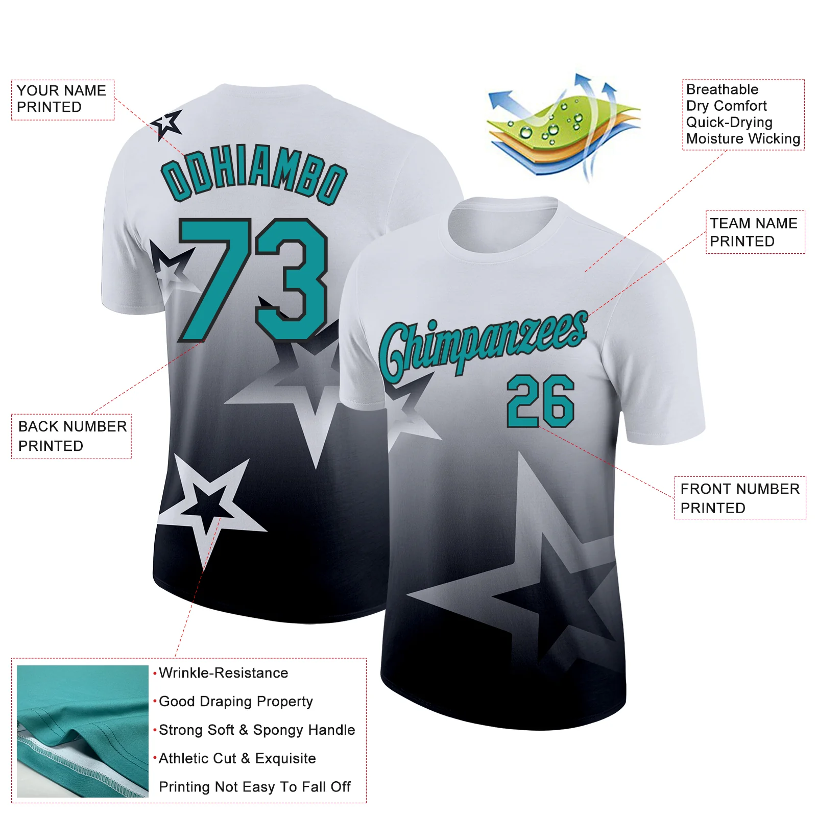 Custom White Teal-Black 3D Pattern Design Gradient Style Twinkle Star Performance T-Shirt - Image 2