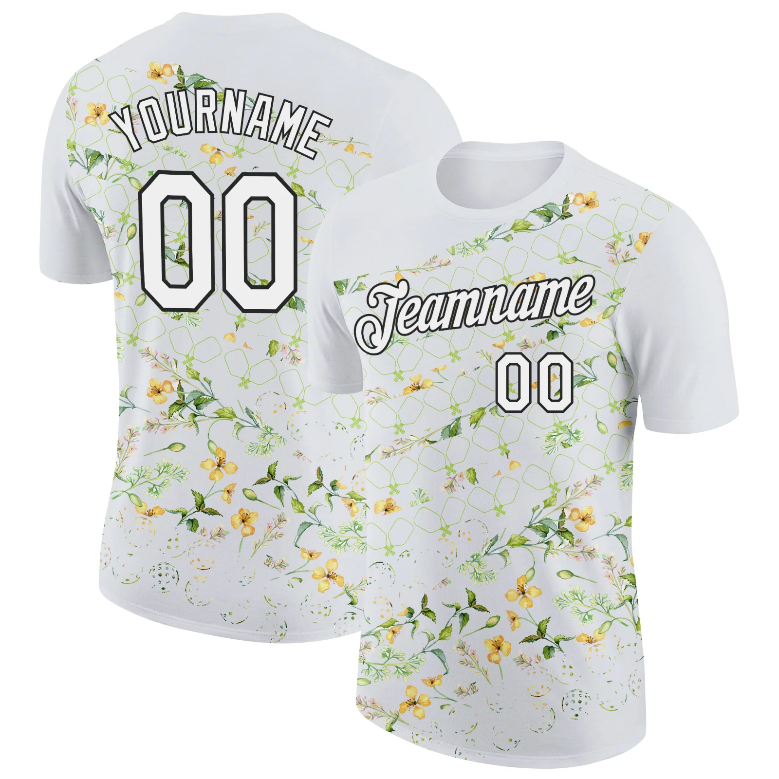 Custom White Black 3D Pickleball Paddles Balls Floral Performance T-Shirt