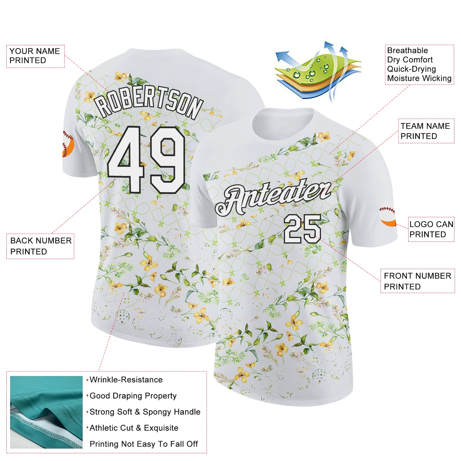 Custom White Black 3D Pickleball Paddles Balls Floral Performance T-Shirt - Image 2