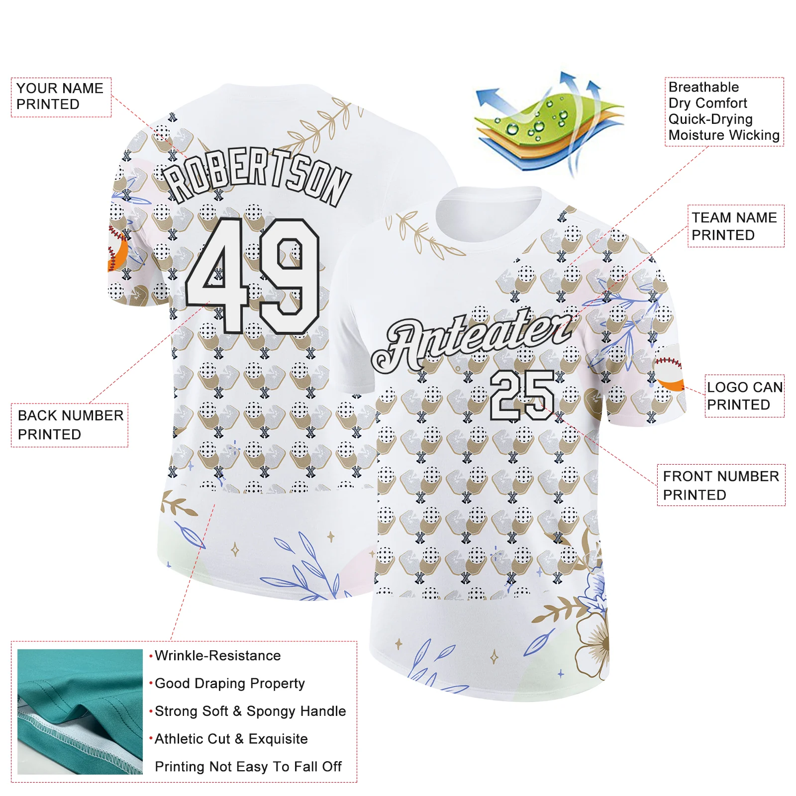 Custom White Black 3D Pickleball Paddles Balls Floral Performance T-Shirt - Image 2
