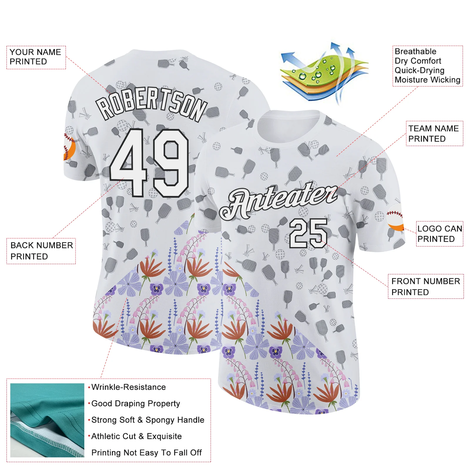 Custom White Black 3D Pickleball Paddles Balls Floral Performance T-Shirt - Image 2