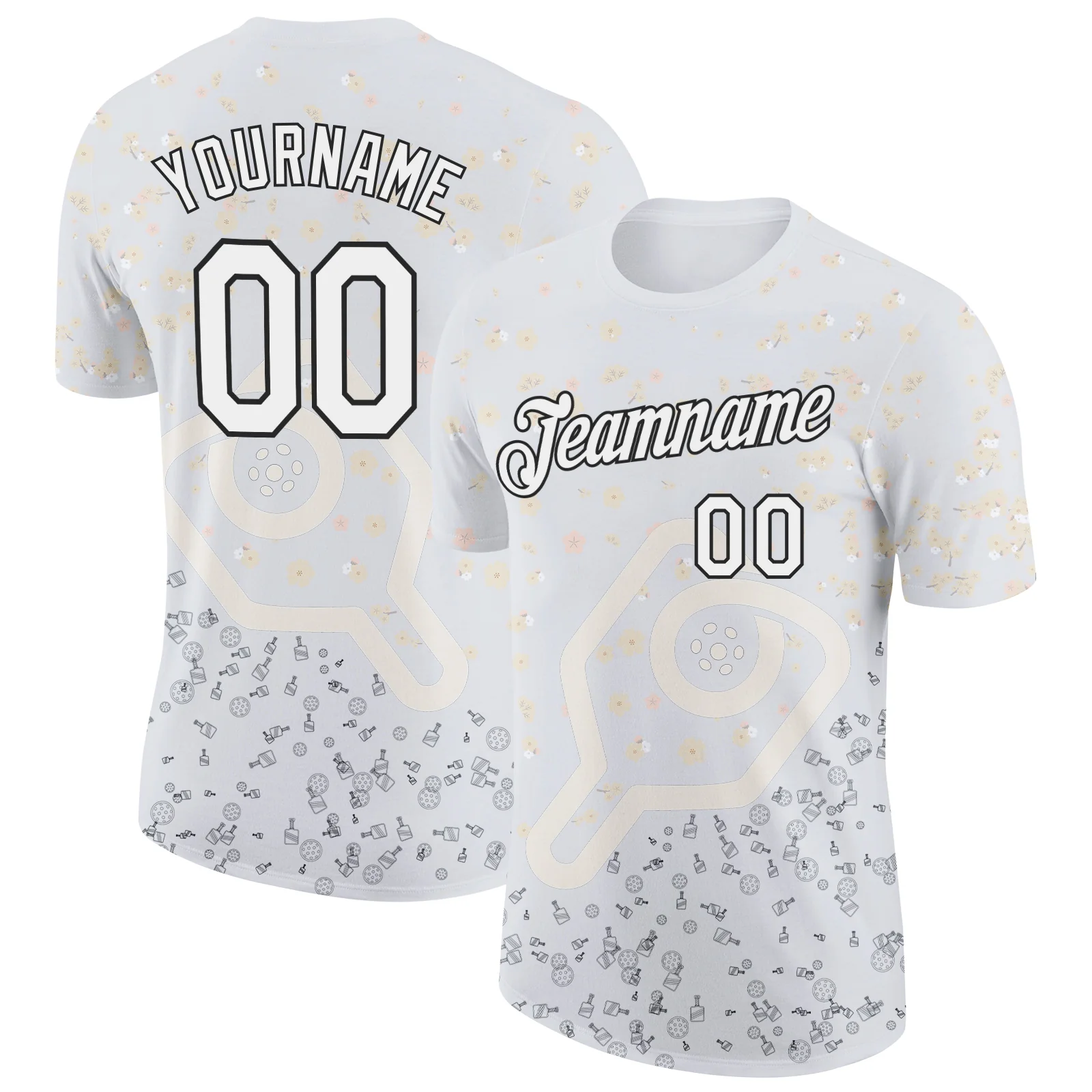 Custom White Black 3D Pickleball Paddles Balls Floral Performance T-Shirt