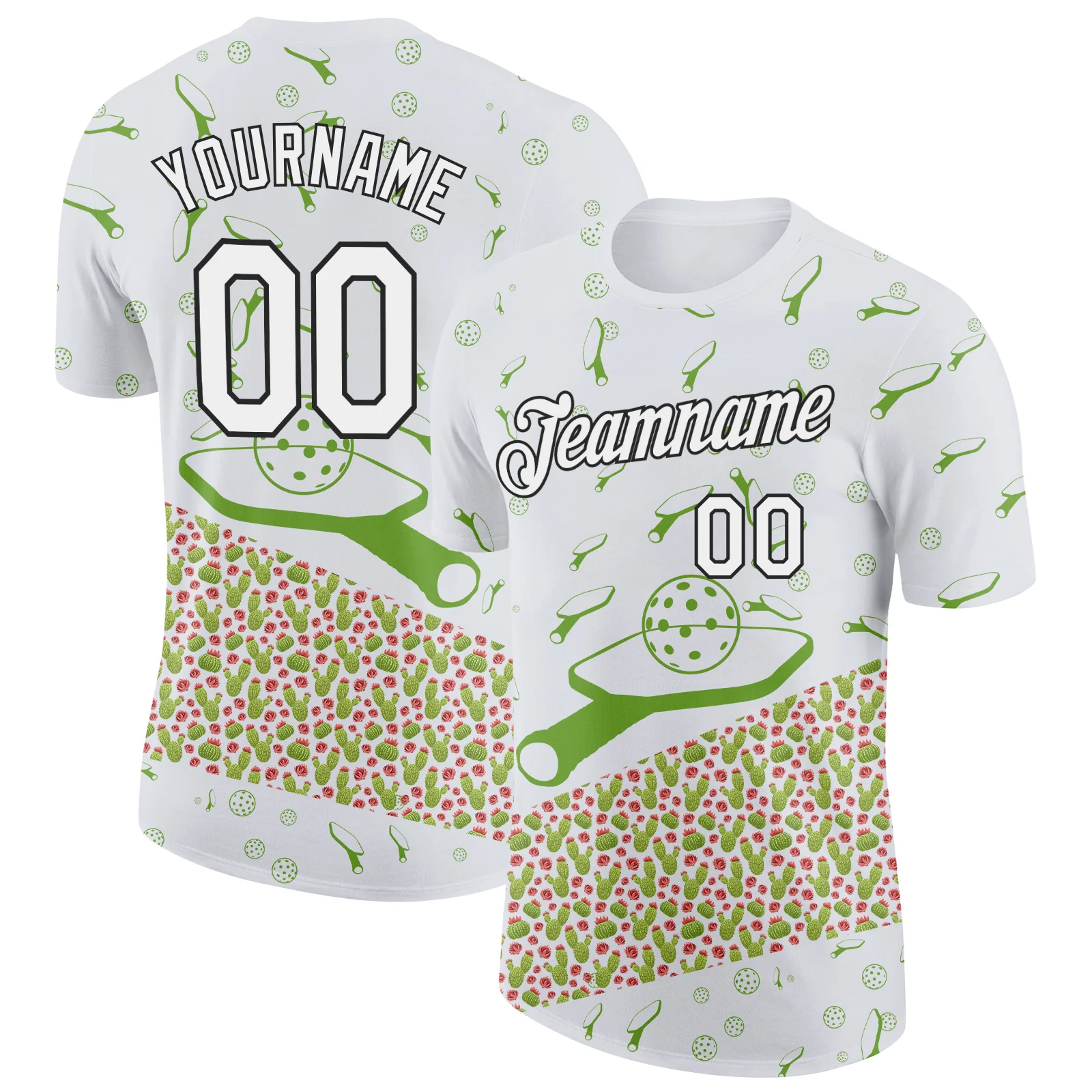 Custom White Black 3D Pickleball Paddles Balls Cactus Performance T-Shirt