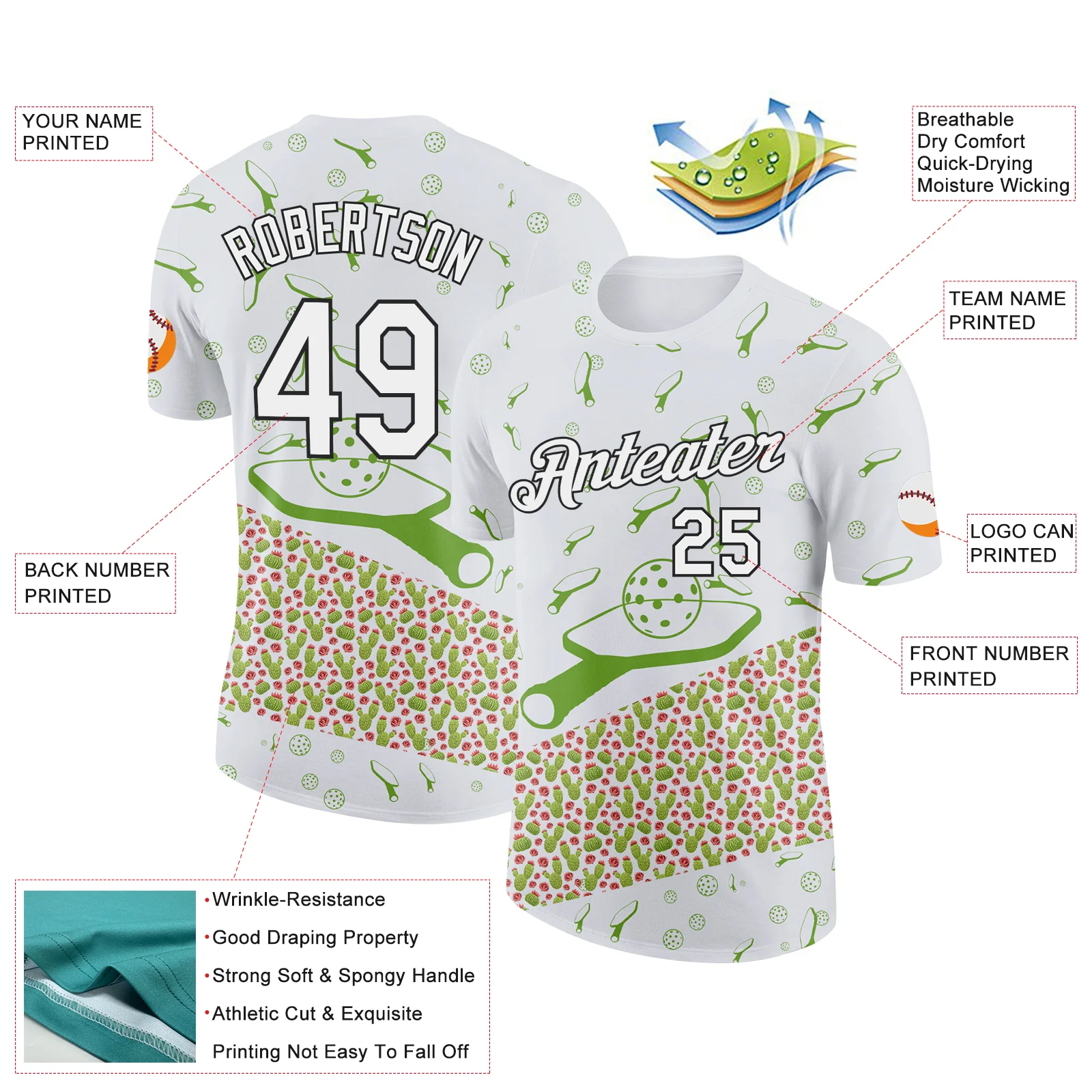 Custom White Black 3D Pickleball Paddles Balls Cactus Performance T-Shirt - Image 2