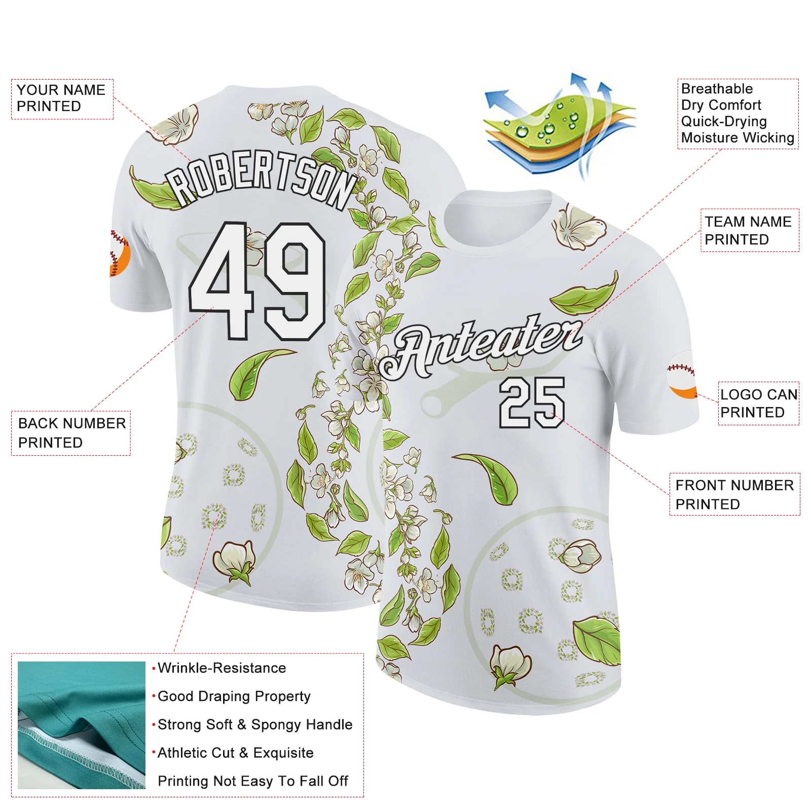Custom White Black 3D Pickleball Paddles Balls Floral Performance T-Shirt - Image 2