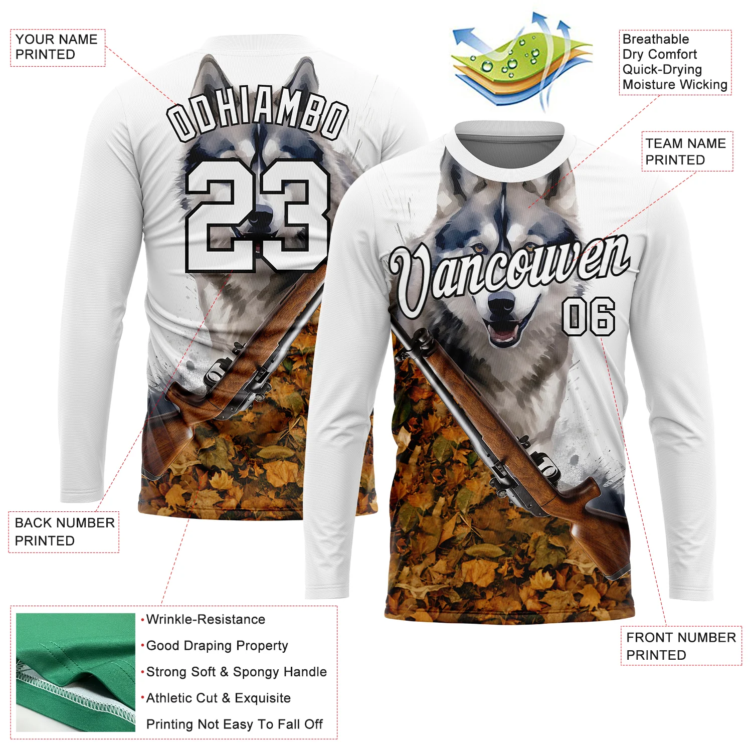Custom White Black 3D Animal Wolf Hunting Tool Gun Long Sleeve Performance T-Shirt - Image 2