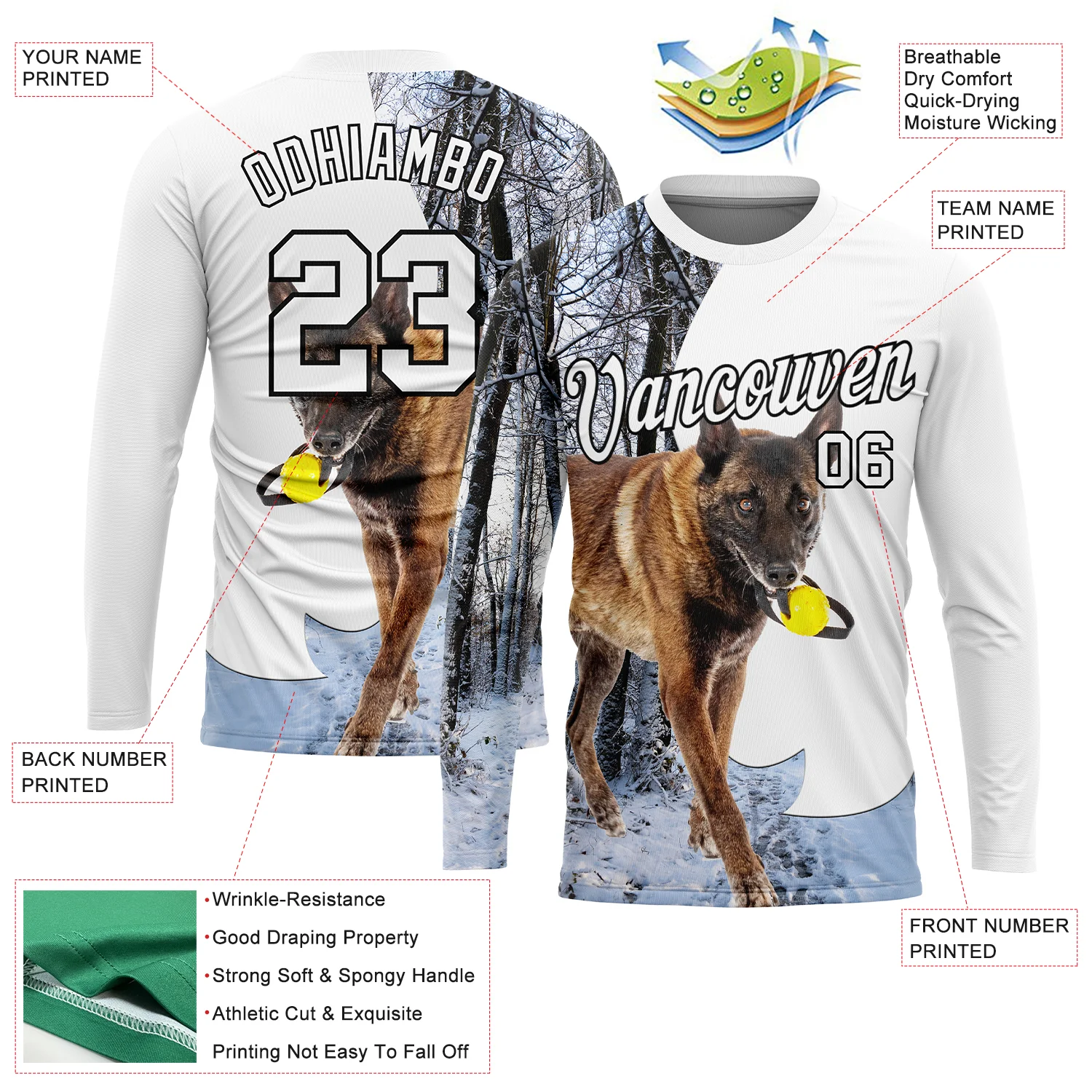 Custom White Black 3D Animal Shepherd Dog Hunting Long Sleeve Performance T-Shirt - Image 2