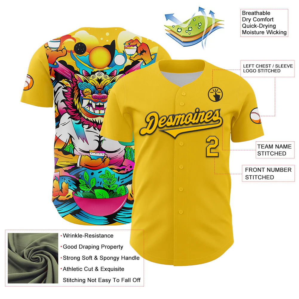 Custom Yellow Black 3D Geo Law Feast God Deities Authentic Baseball Jersey - Image 3