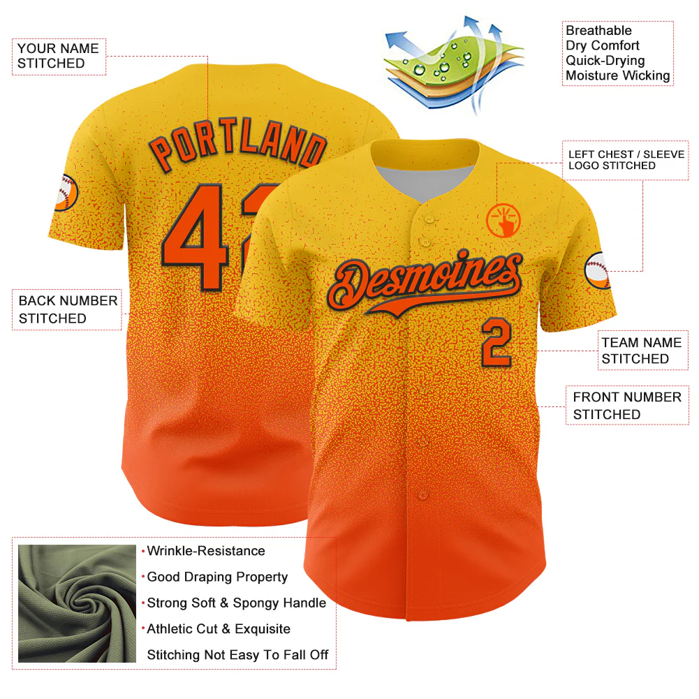 Custom Yellow Orange-Black Fade Fashion Speckle Authentic Baseball Jersey - Image 3