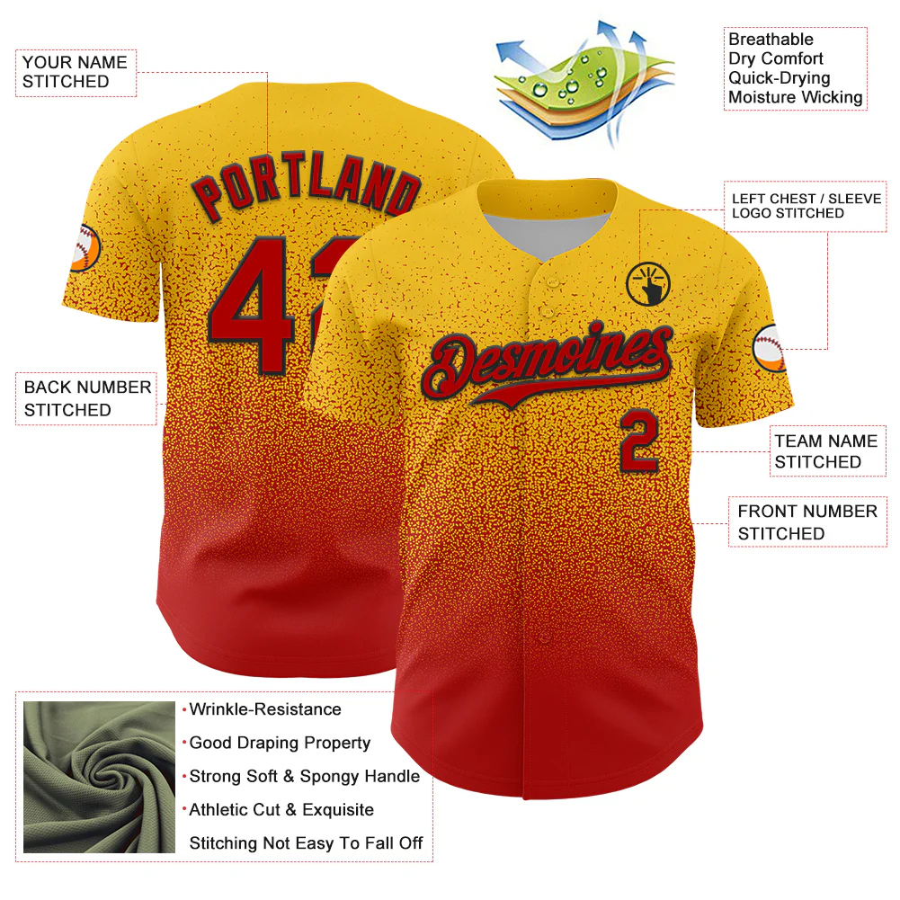 Custom Yellow Red-Black Fade Fashion Speckle Authentic Baseball Jersey - Image 3
