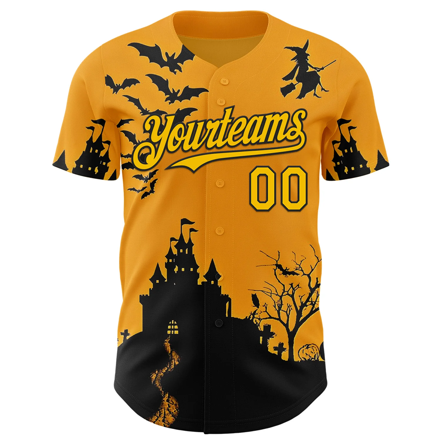 Custom Yellow Black 3D Halloween Spooky Pumpkin Bat Authentic Baseball Jersey - Image 2