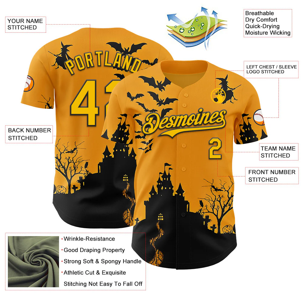 Custom Yellow Black 3D Halloween Spooky Pumpkin Bat Authentic Baseball Jersey - Image 3