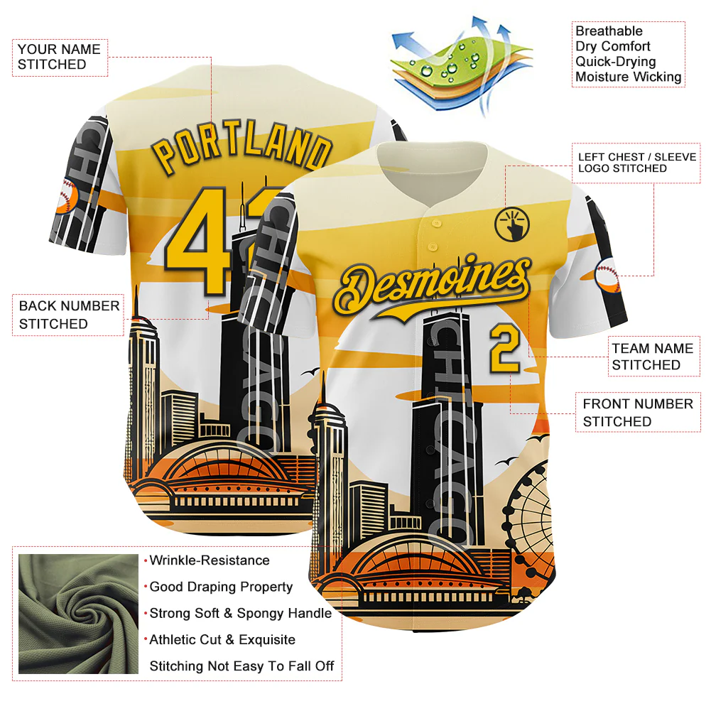 Custom Yellow Black-White Chicago Illinois Cityscape Landmark City Symbol Authentic Baseball Jersey - Image 3
