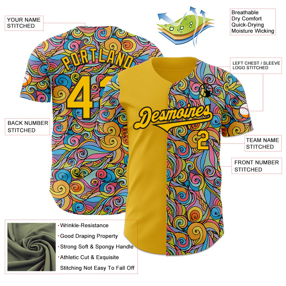 Custom Yellow Black Ninhol Waves Authentic Baseball Jersey - Image 3