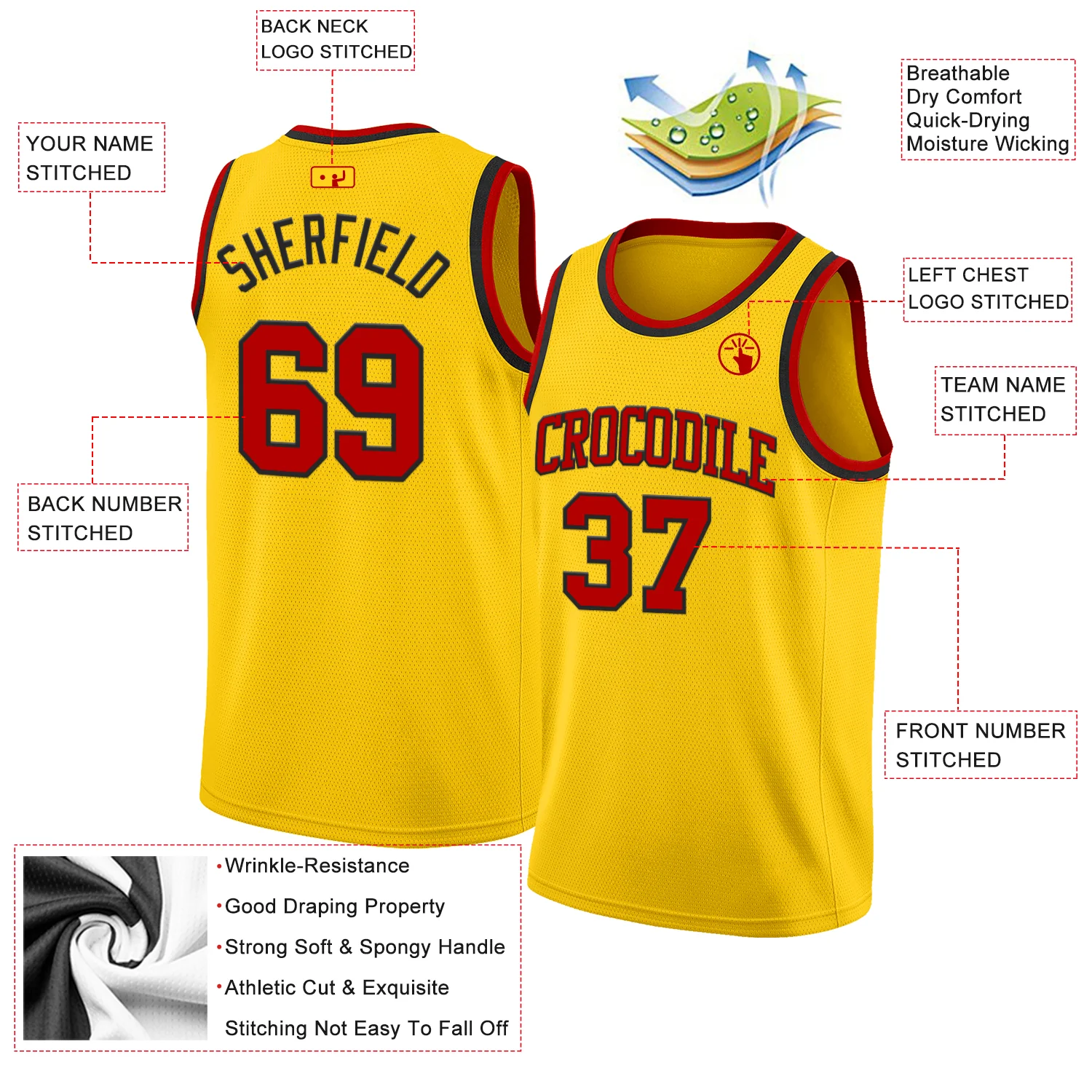 Custom Yellow Red-Black Authentic Basketball Jersey - Image 2