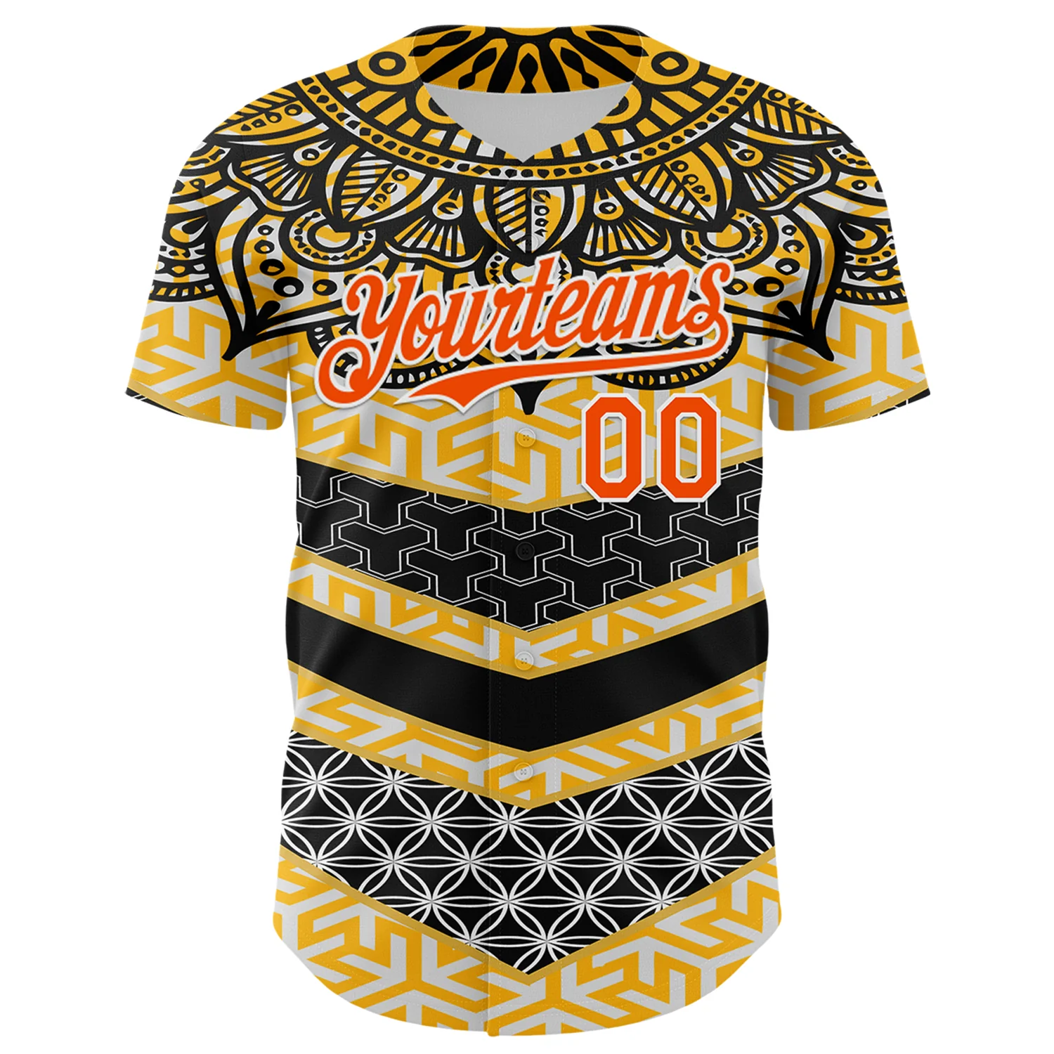 Custom Yellow Orange Black-White 3D Pattern Design Burner Costumes Tribal Authentic Baseball Jersey - Image 2
