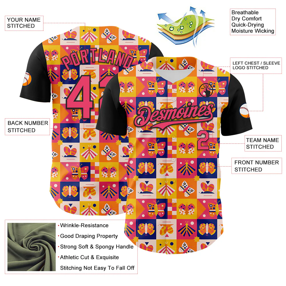 Custom Yellow Neon Pink-Black 3D Ambartive Abstract Butterfly Pattern Authentic Baseball Jersey - Image 3
