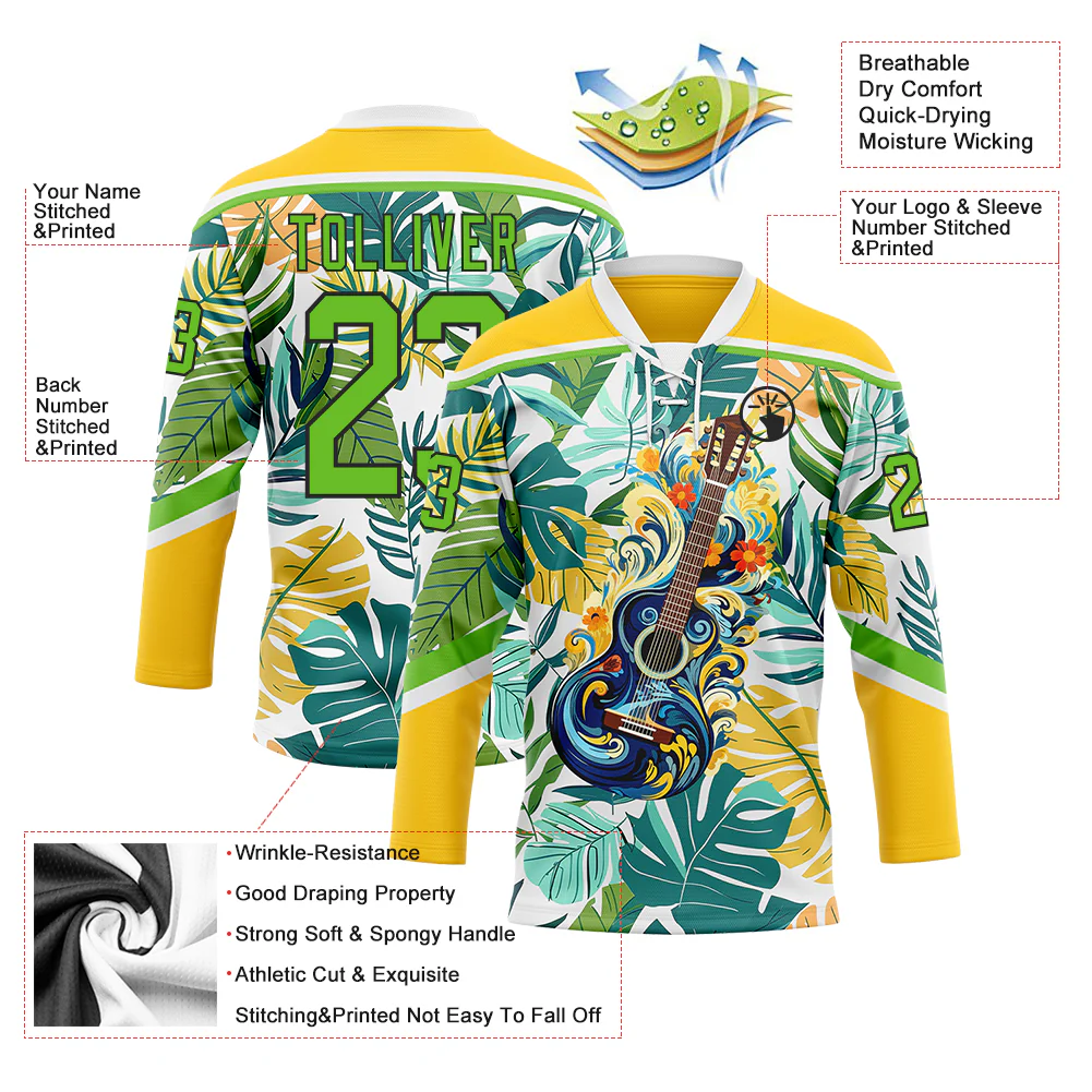 Custom Yellow Aurora Green Black-White Hawaii Tropical Palm Trees Hockey Lace Neck Jersey - Image 4