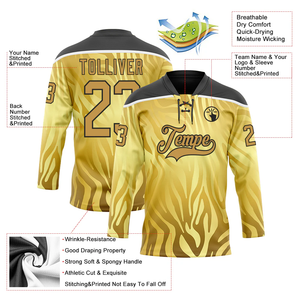 Custom Yellow Old Gold Black-White Zebra Print Hockey Lace Neck Jersey - Image 5