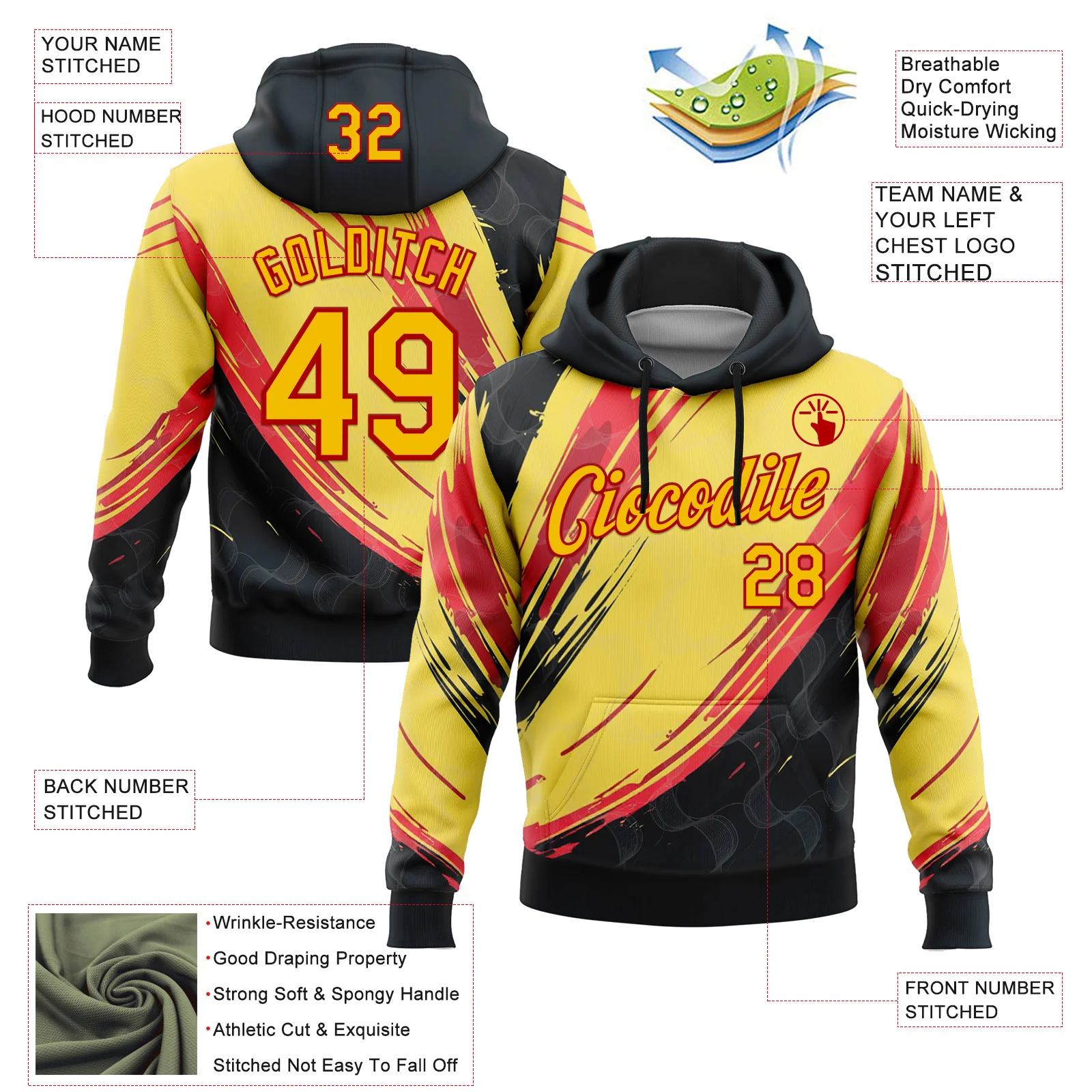 Custom Stitched Yellow Black-Red 3D Pattern Design Germany Inspired Abstract Line Sportswear Pullover Sweatshirt Hoodie - Image 2