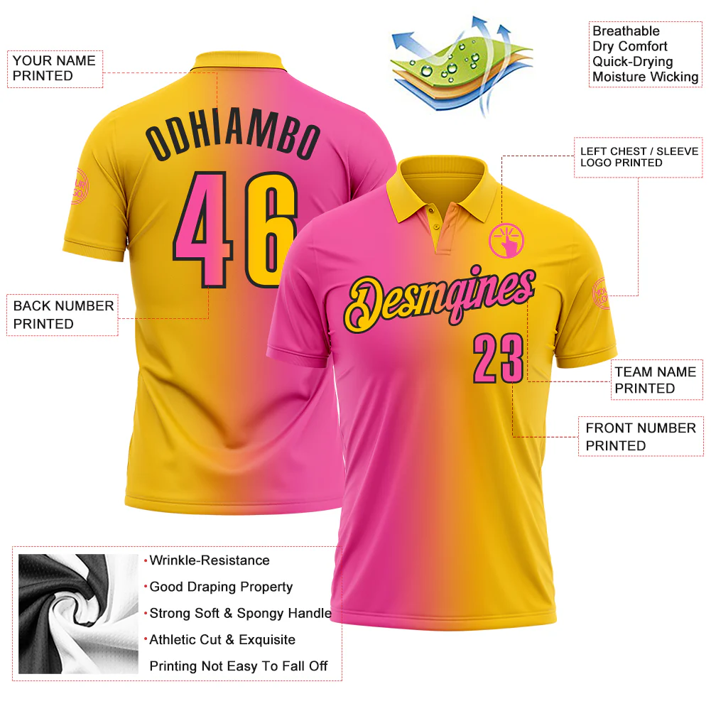 Custom Yellow Pink-Black 3D Gradient Fashion Performance Polo Shirt - Image 3
