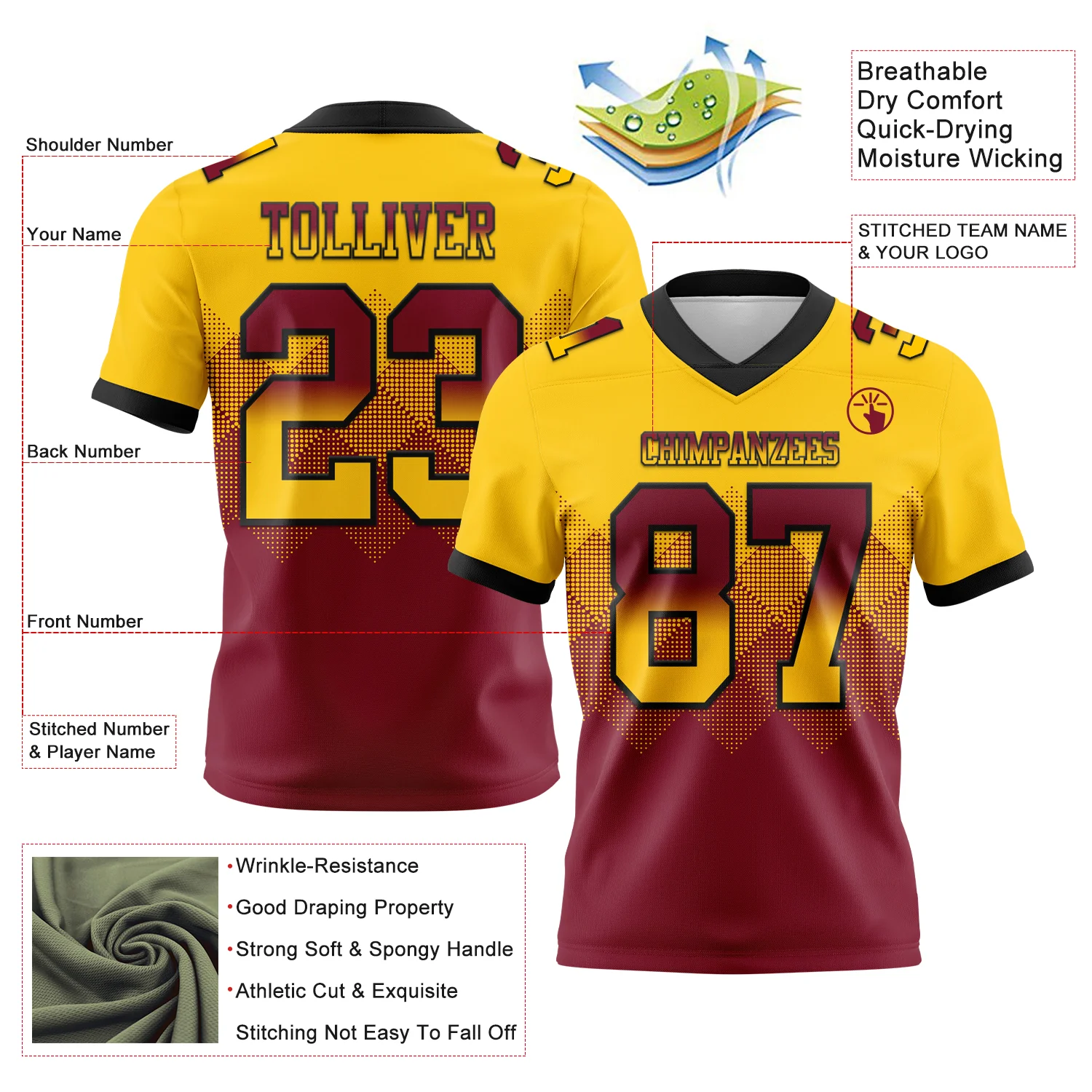 Custom Yellow Crimson-Black Authentic Gradient Square Shape Flag Football Jersey - Image 2