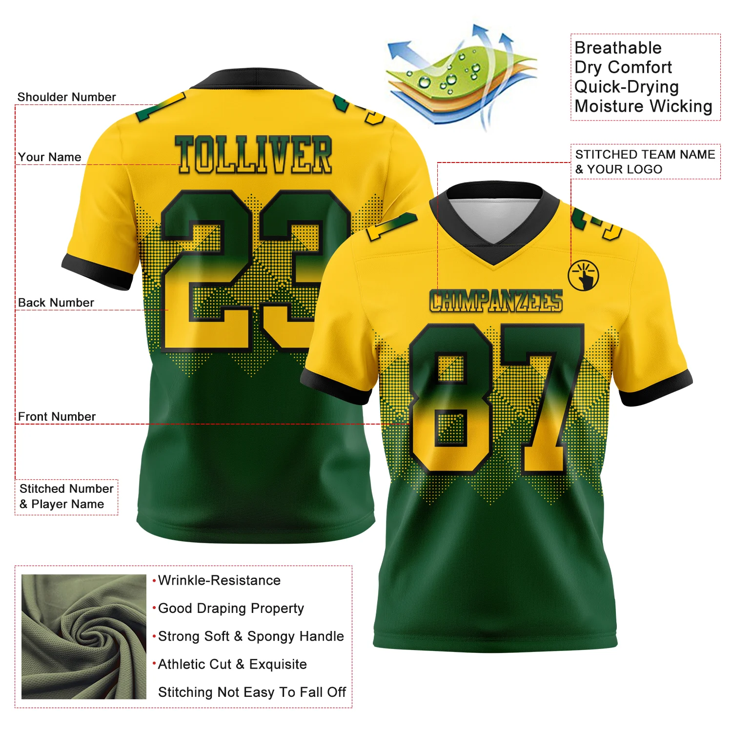 Custom Yellow Green-Black Authentic Gradient Square Shape Flag Football Jersey - Image 2