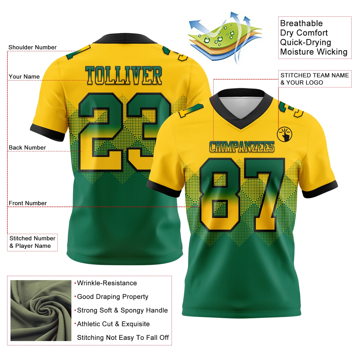 Custom Yellow Kelly Green-Black Authentic Gradient Square Shape Flag Football Jersey - Image 2