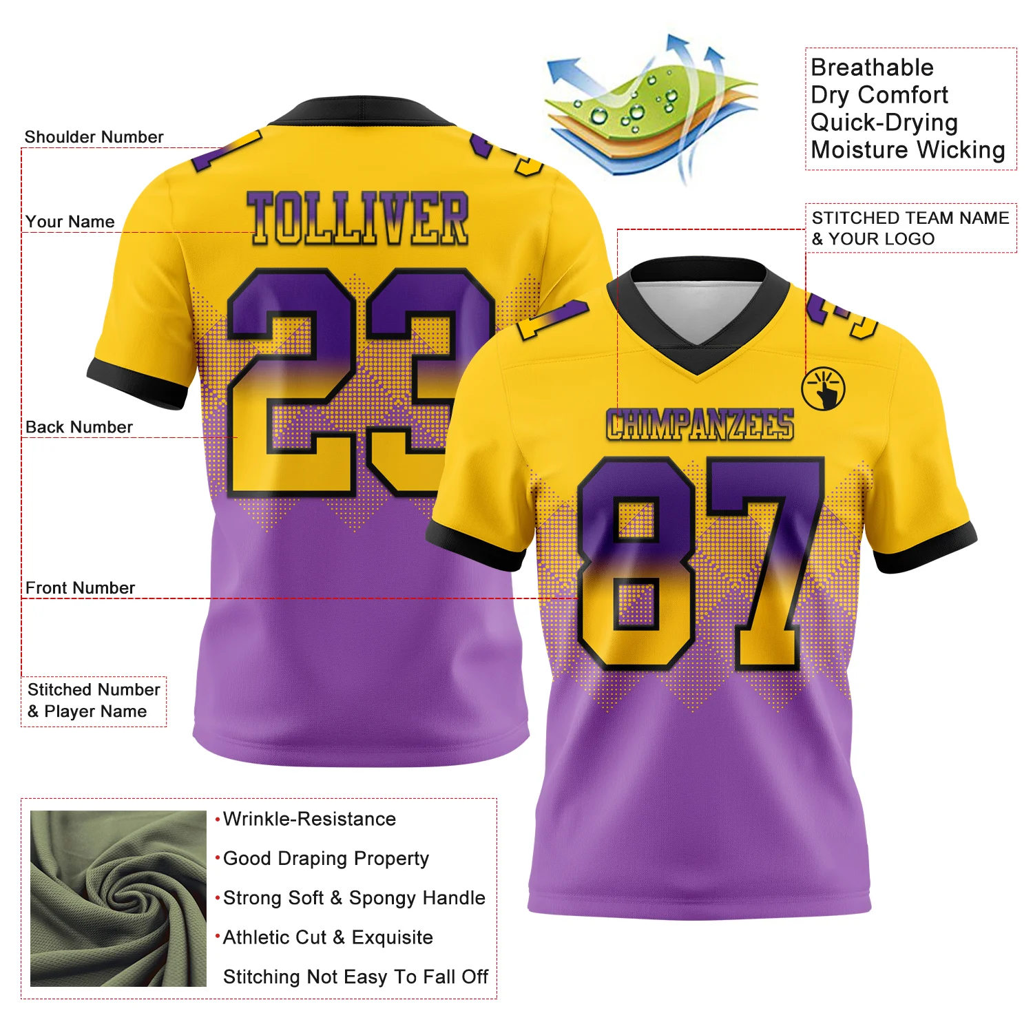 Custom Yellow Medium Purple-Black Authentic Gradient Square Shape Flag Football Jersey - Image 2