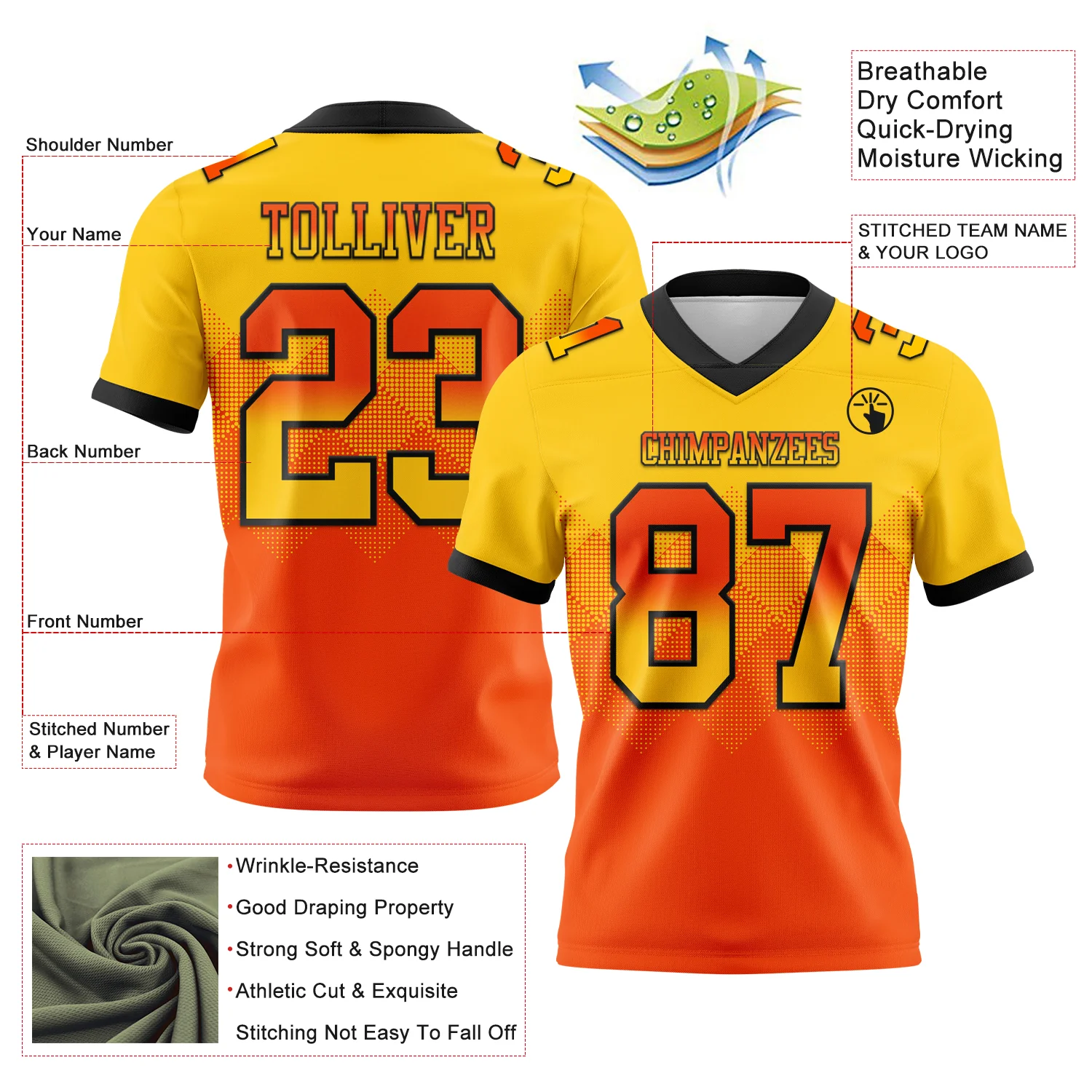 Custom Yellow Orange-Black Authentic Gradient Square Shape Flag Football Jersey - Image 2