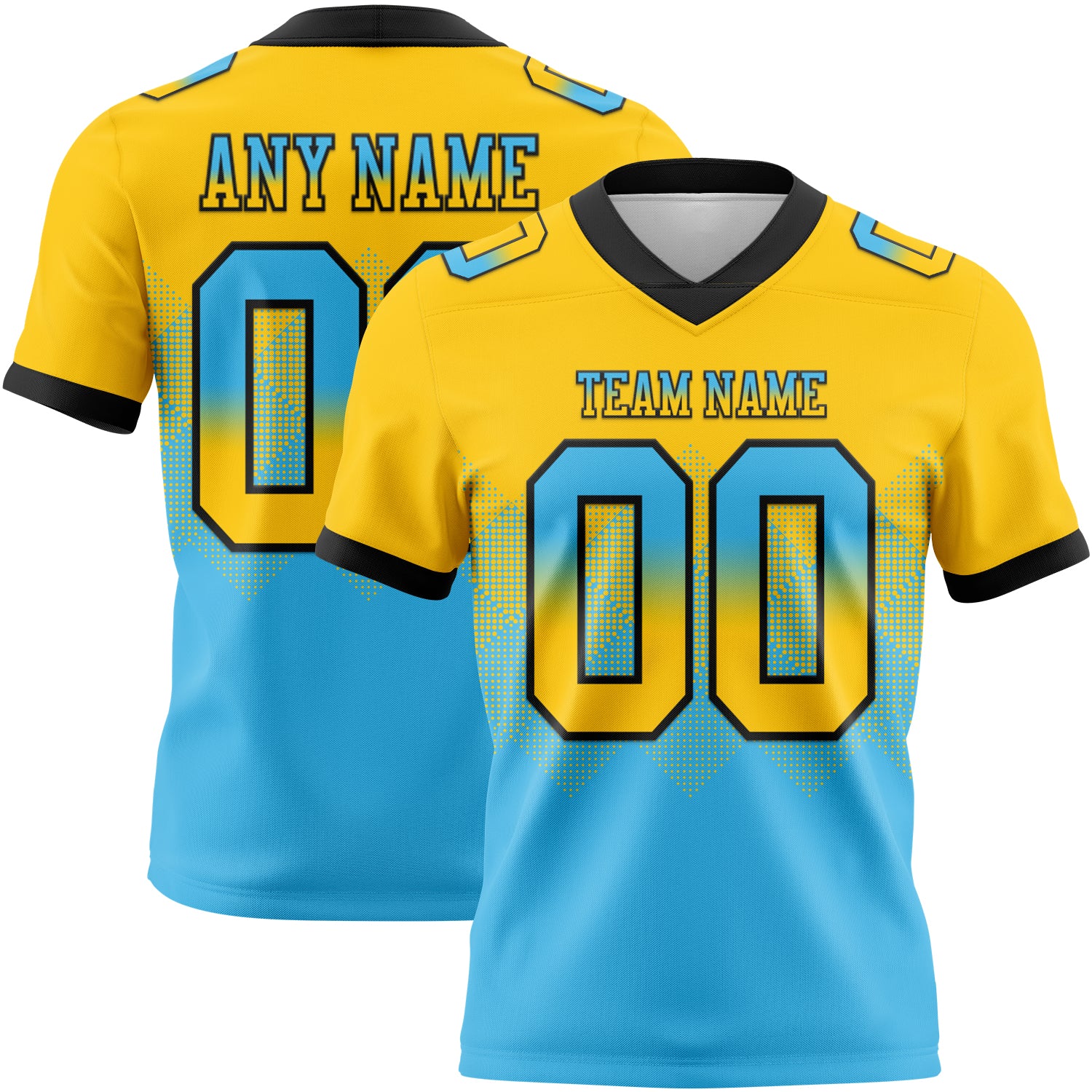 Custom Yellow Sky Blue-Black Authentic Gradient Square Shape Flag Football Jersey