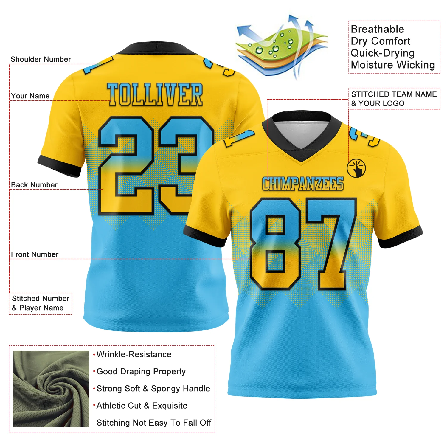 Custom Yellow Sky Blue-Black Authentic Gradient Square Shape Flag Football Jersey - Image 2