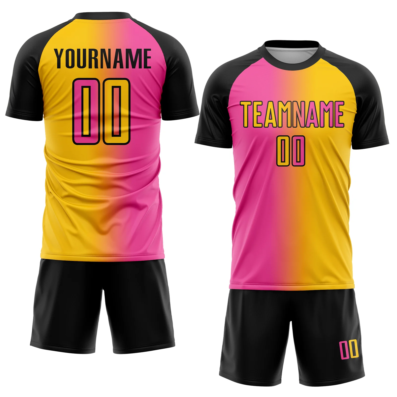 Custom Yellow Pink-Black Sublimation Gradient Fashion Soccer Uniform Jersey - Image 2