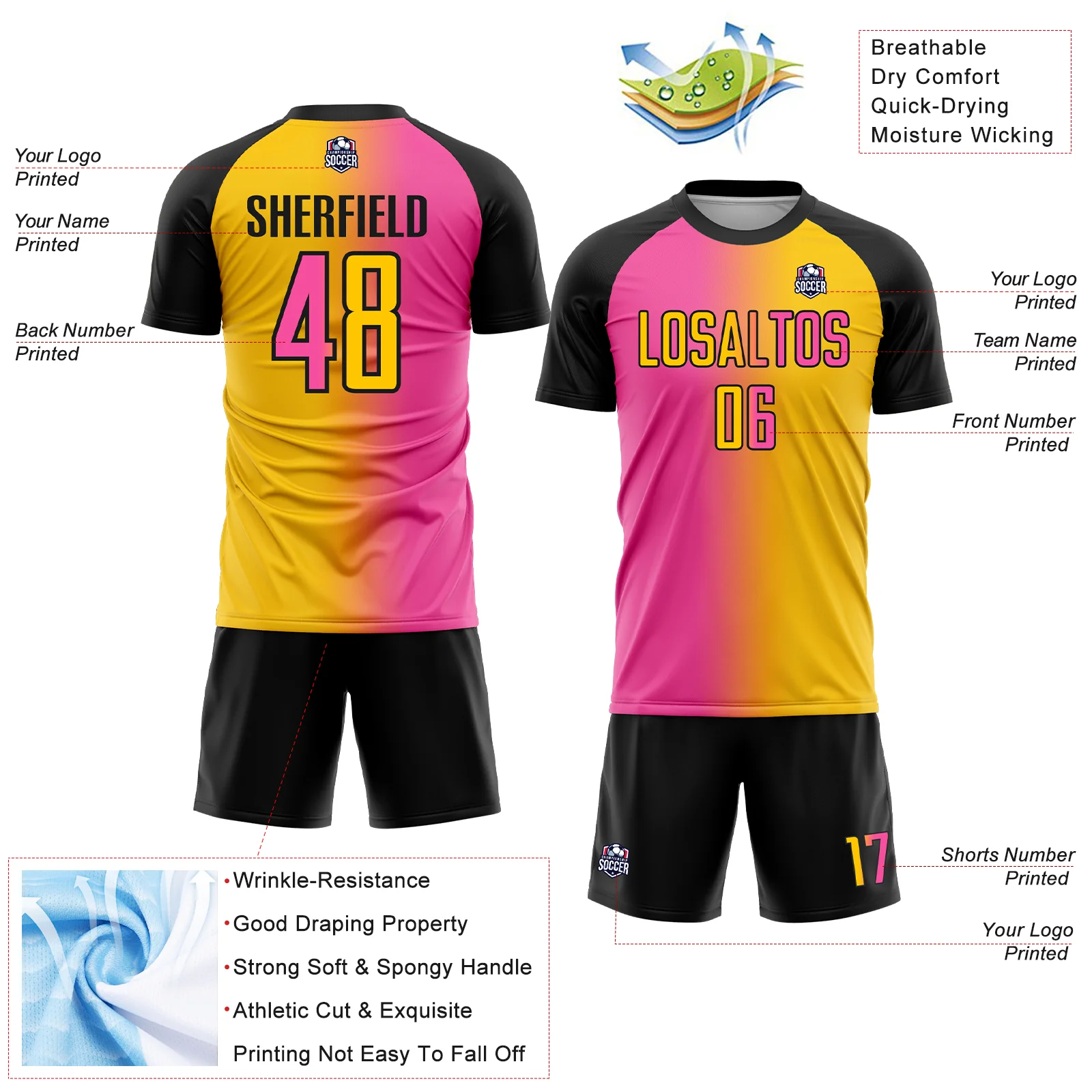 Custom Yellow Pink-Black Sublimation Gradient Fashion Soccer Uniform Jersey - Image 4